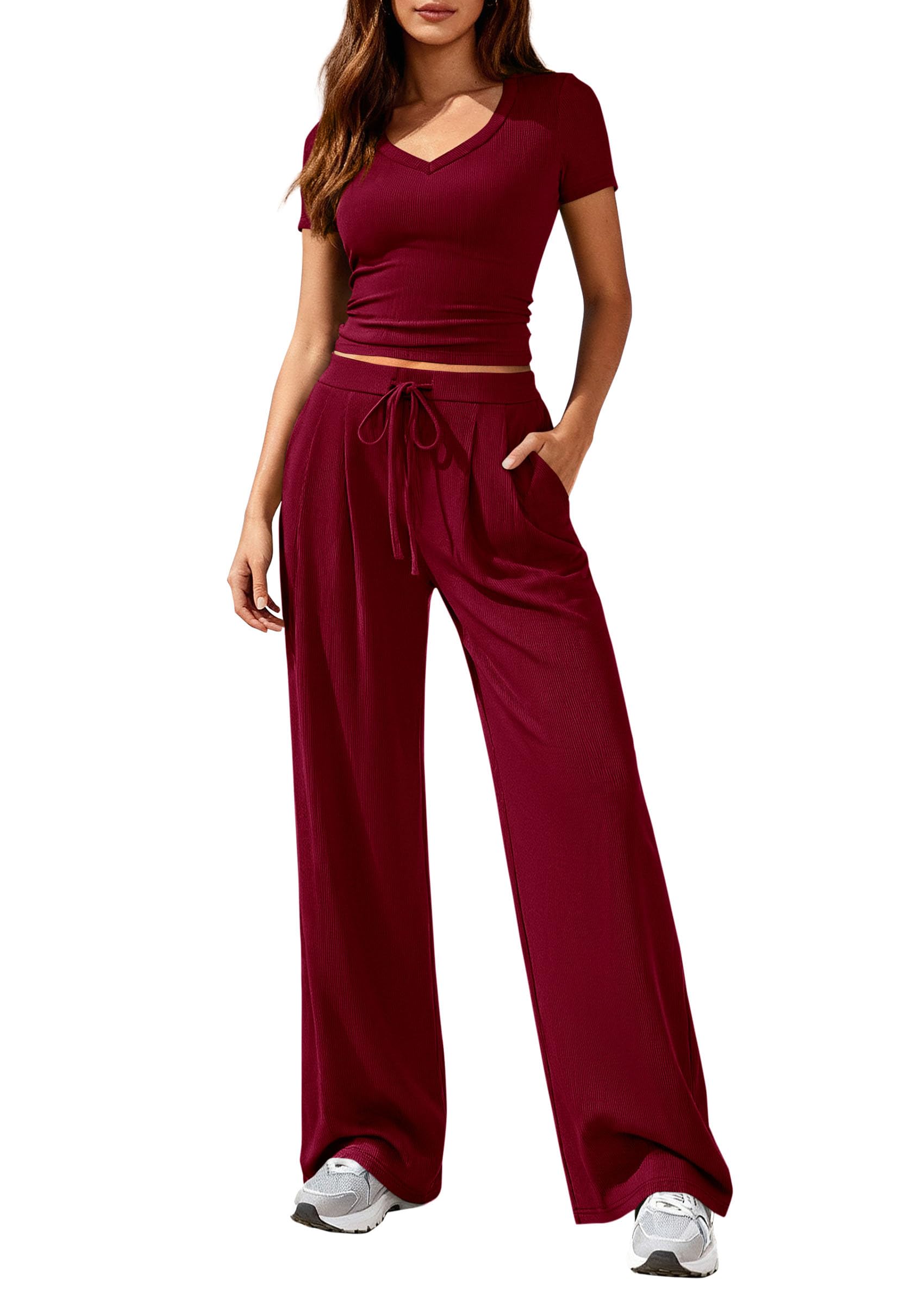 PRETTYGARDEN 2 Piece Sets for Women Summer Spring Lounge Set Matching V Neck Tops Wide Leg Pants Airport Travel Outfits
