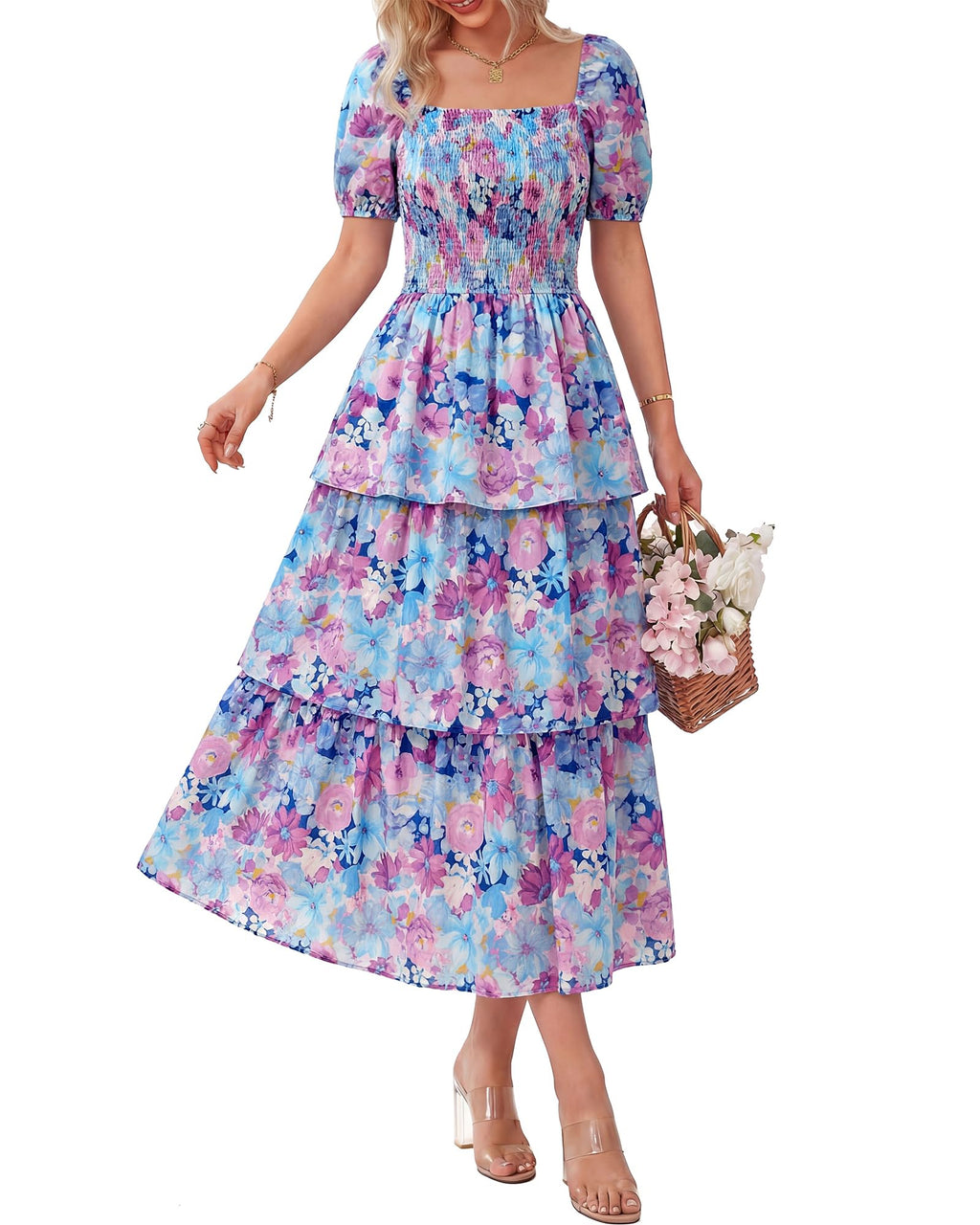 BTFBM Womens Square Neck Smocked Dress Summer Puff Short Sleeve Floral Casual Ruffle Tiered Maxi Wedding Guest Dresses