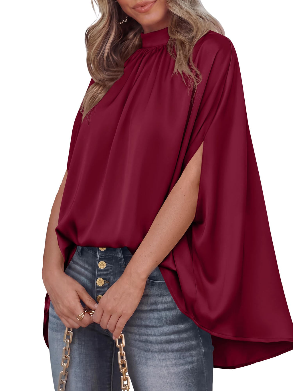 BTFBM Womens Summer Tops Mock Neck Batwing Sleeve Silk Satin Shirts Loose Oversized Dressy Casual Spring Blouses