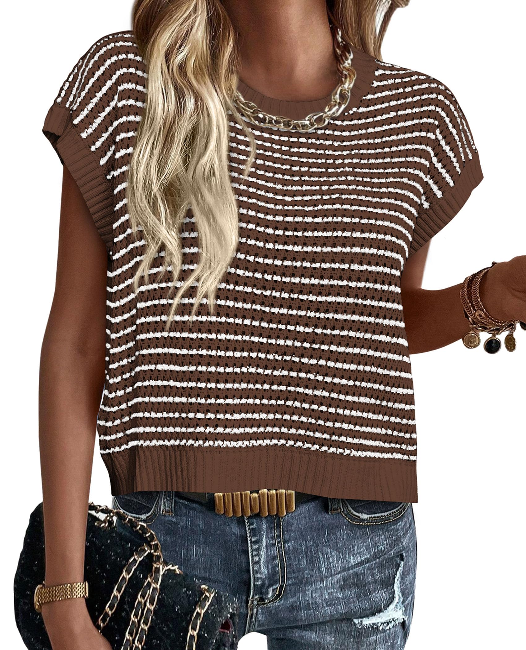 PRETTYGARDEN Womens Short Sleeve Sweater Spring Summer Round Neck Striped Pullover Cap Sleeve Knit Sweater Vest Tops