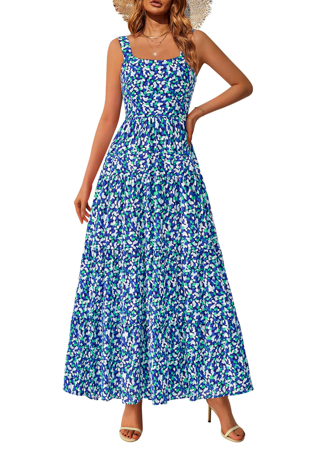 PRETTYGARDEN Women's Summer Floral Maxi Dress Sleeveless Smocked Ruffle Long Flowy Beach Vacation Boho Sundresses