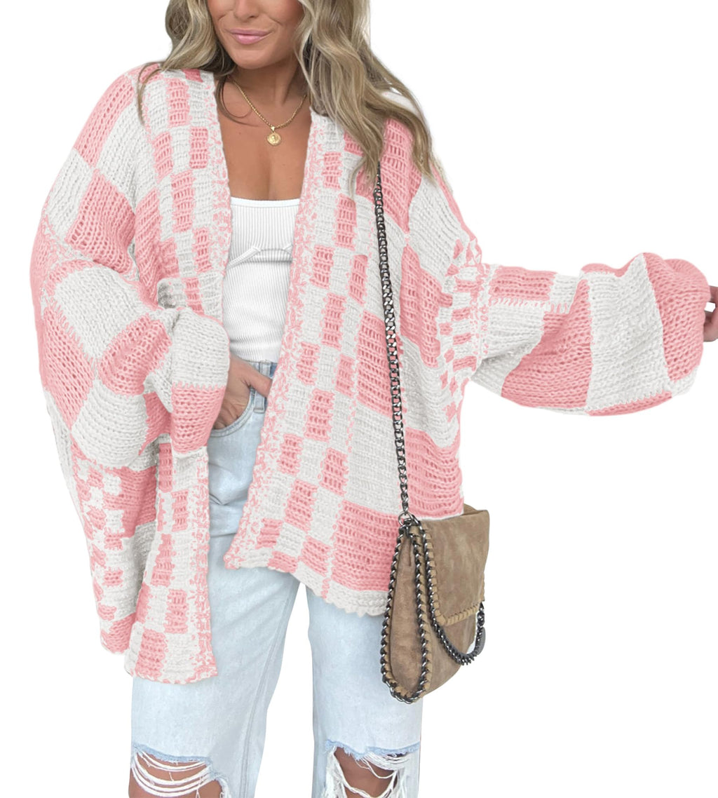BTFBM Casual Cardigan Sweater for Women Fall Long Sleeve Sweaters Fall Outfits, Loose Fit,Solid,Open Front Chunky Knit Sweaters,Chunky Cardigan Sweaters For Women,Checkered Outwear Coat