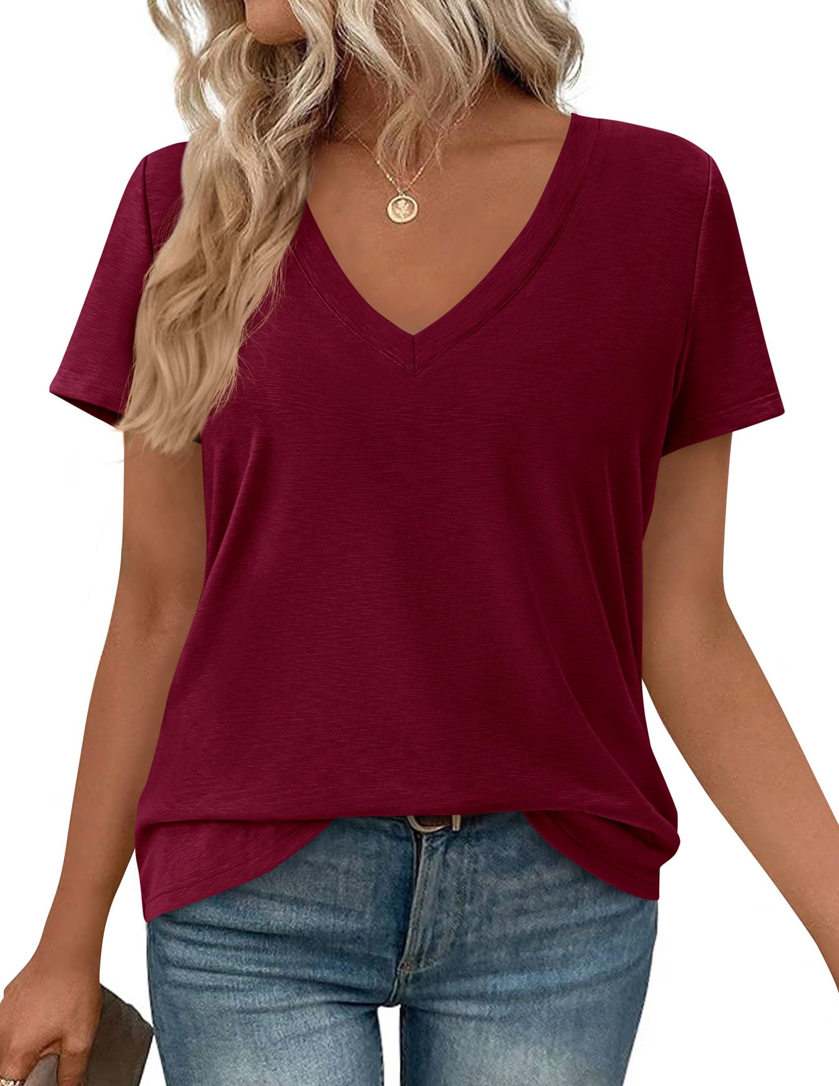 PRETTYGARDEN Womens Tops Short Sleeve Oversized Tshirts Shirts Summer Casual V Neck Loose Basic Tees Spring Tunic Blouse