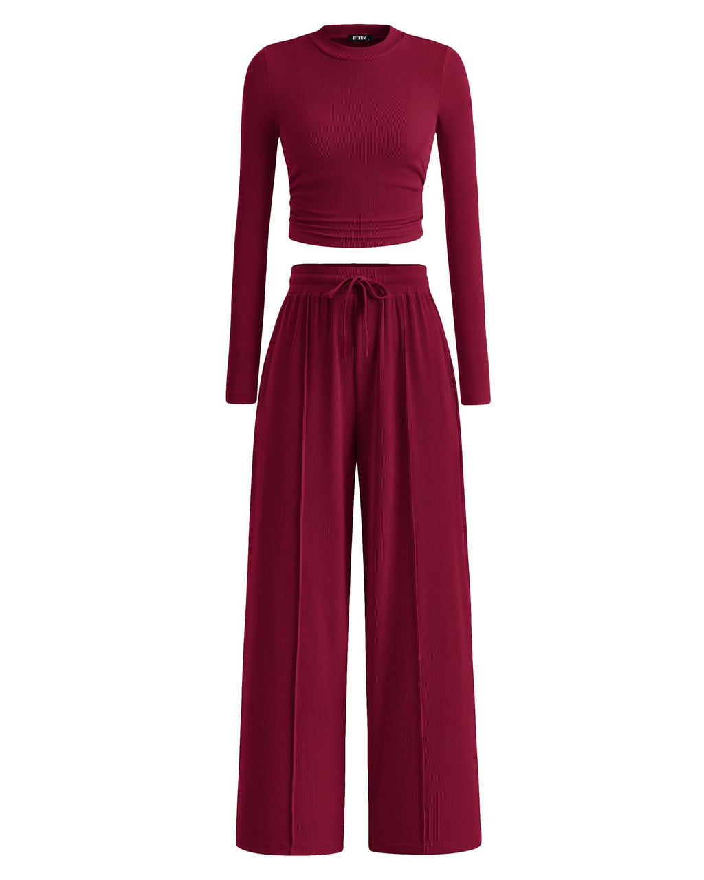 BTFBM Casual 2 Piece Sets For Women Fall Outfits Ribbed Spring Long Sleeve Crop Top Wide Leg Pants Matching Lounge Set