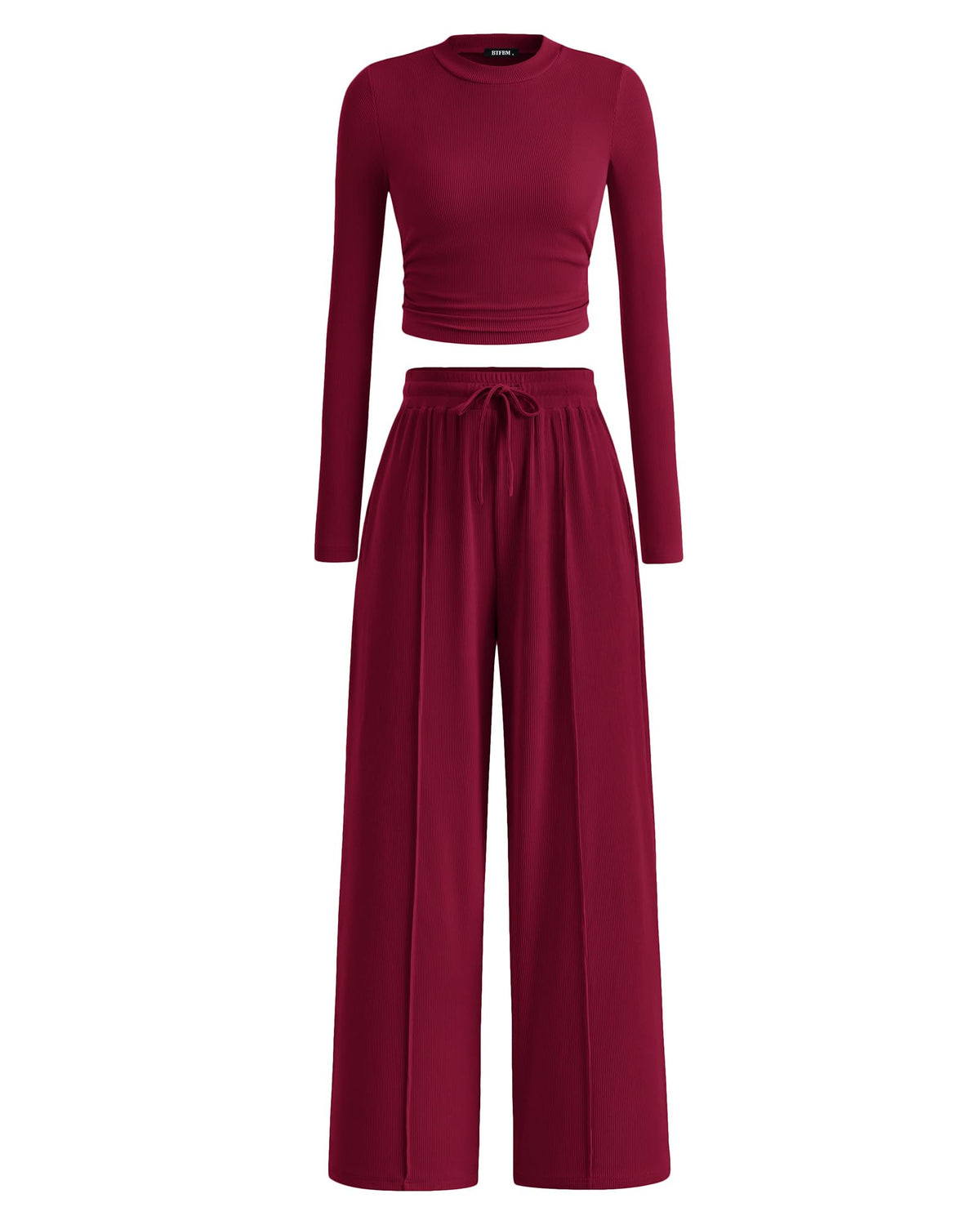 BTFBM Casual 2 Piece Sets For Women Fall Outfits Ribbed Spring Long Sleeve Crop Top Wide Leg Pants Matching Lounge Set
