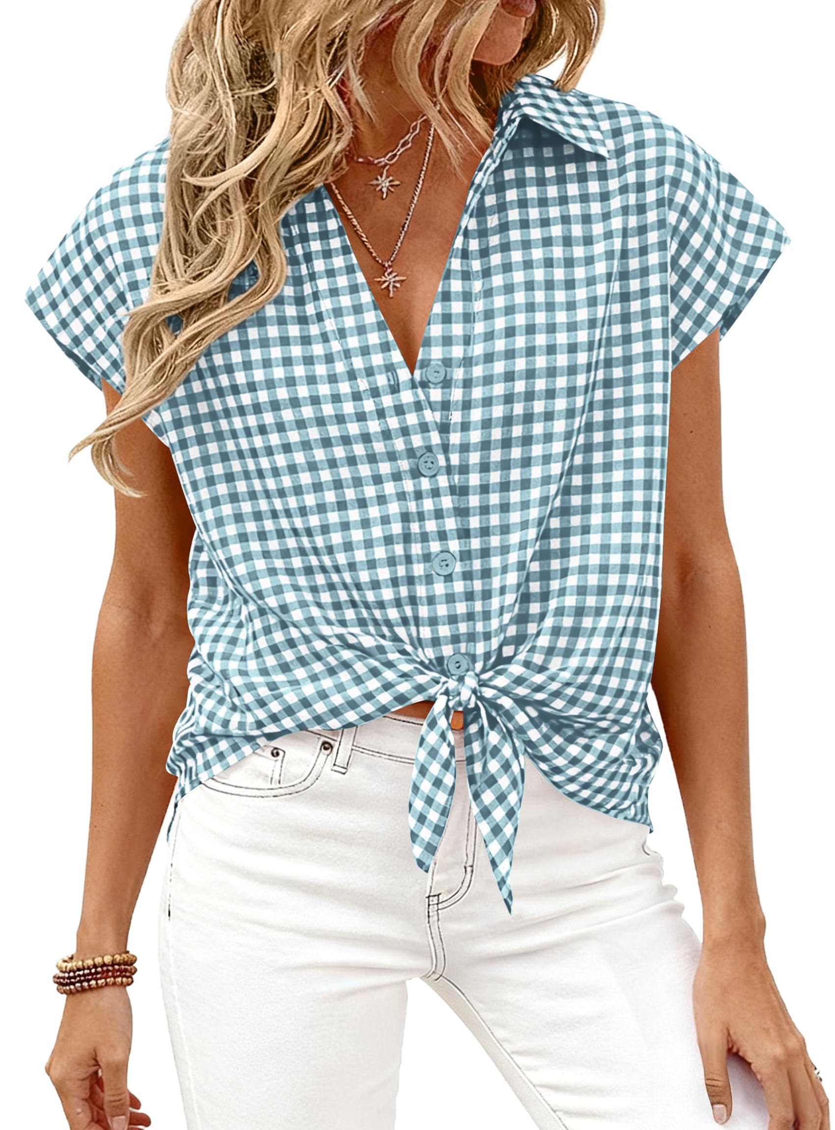 PRETTYGARDEN Womens Short Sleeve Shirts Plaid Button Down Blouse Dressy Casual Summer Spring Business Gingham Work Tops