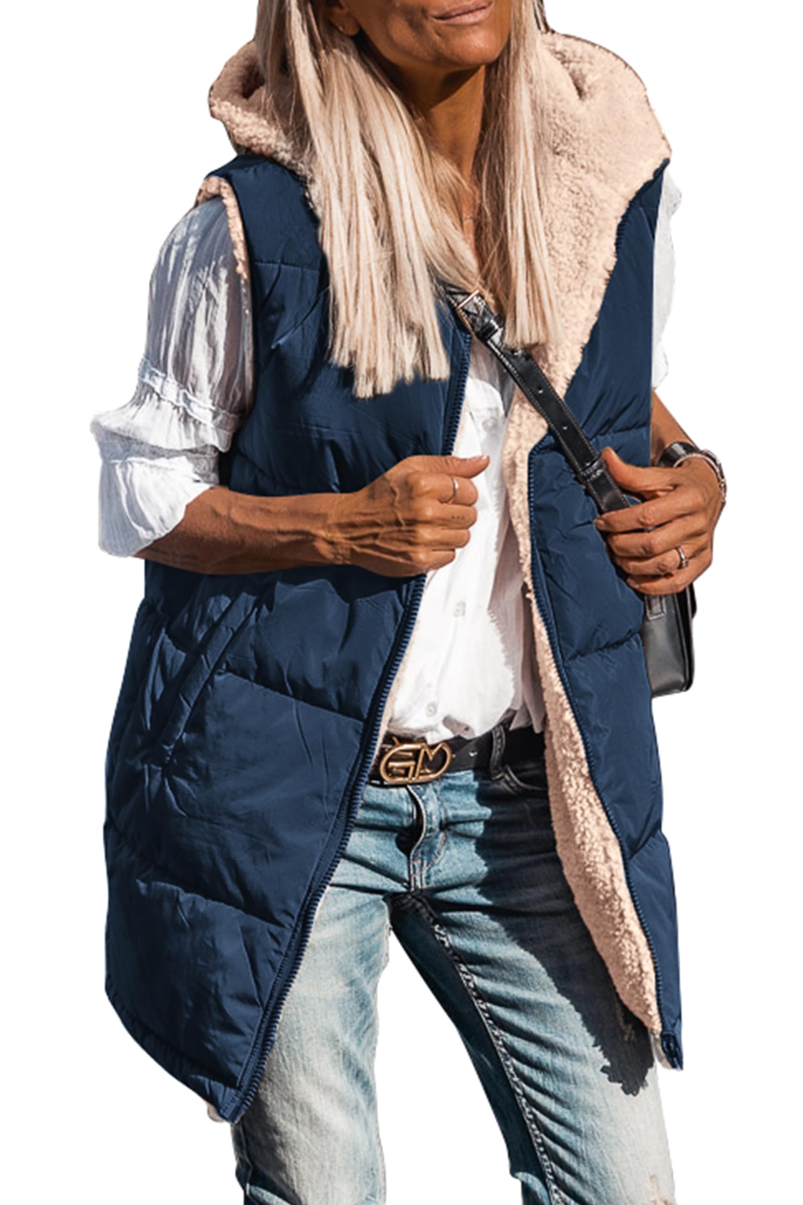 PRETTYGARDEN Womens Fall Reversible Long Vests Sleeveless Fleece Jacket Zip Up Hoodie Pockets Warm Coat Winter Clothing