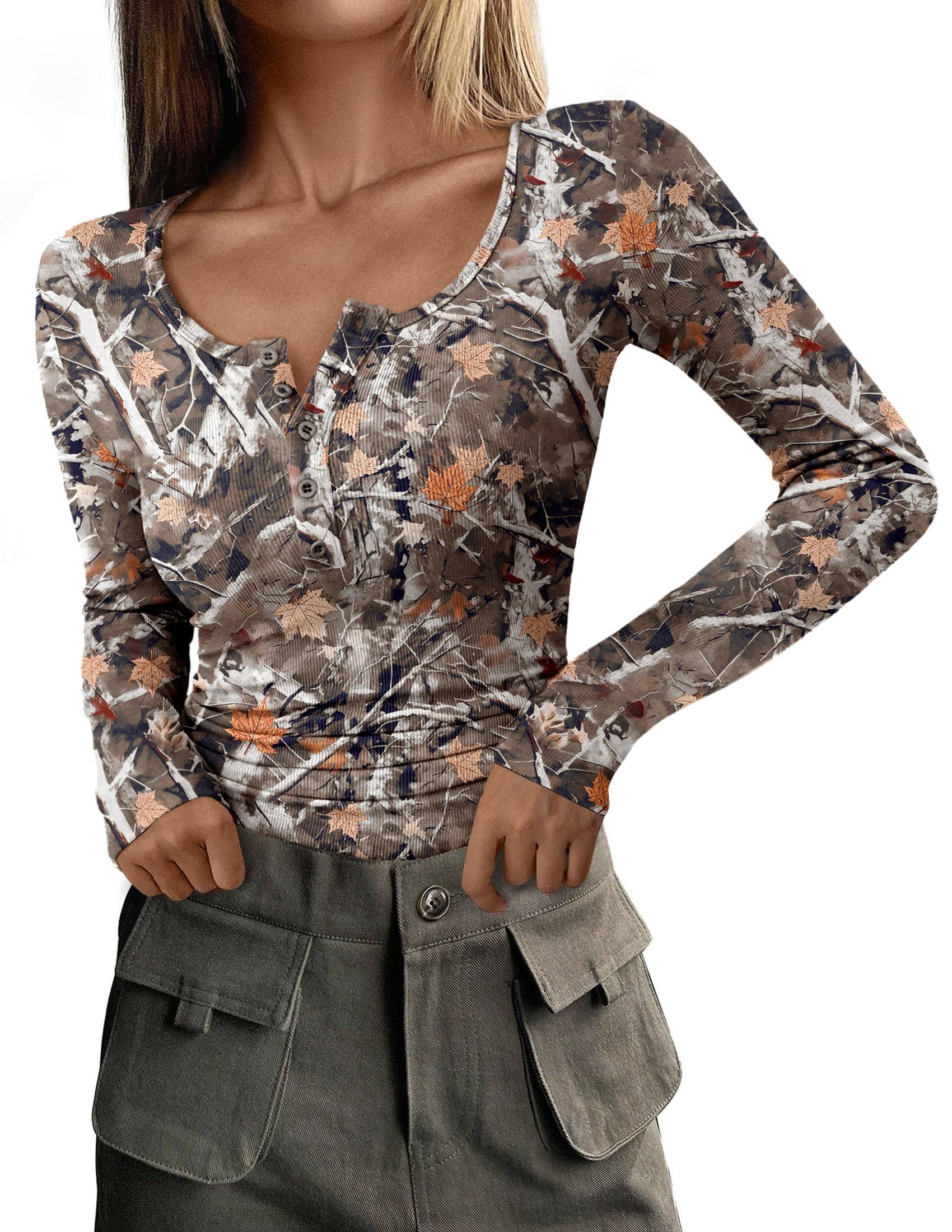 PRETTYGARDEN Women's Fall Long Sleeve Henley T Shirts Button Ribbed Knit Slim Fit Basic Tops Blouse Casual Outfits