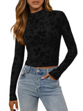 FreshPretty Mesh Long Sleeve Tops for Women Trendy Mock Neck Crop Going Out Fitted Floral Shirts Fall Fashion Clothing