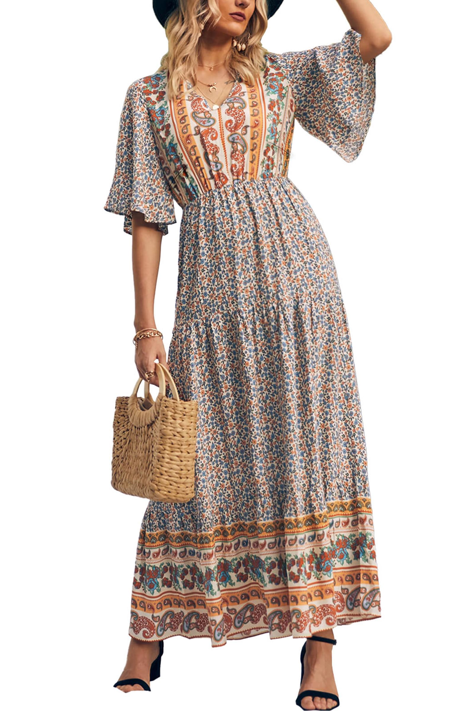 PRETTYGARDEN Women's Casual Summer Boho Floral Print Dress V Neck Short Sleeve High Waist Long Maxi Beach Dresses