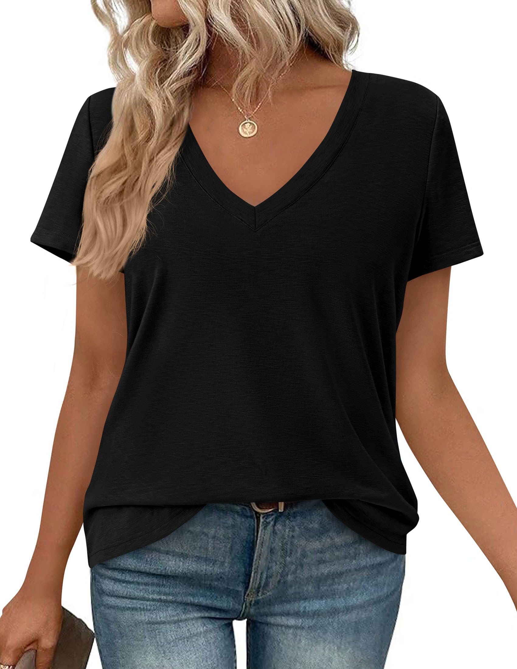 PRETTYGARDEN Womens Tops Short Sleeve Oversized Tshirts Shirts Summer Casual V Neck Loose Basic Tees Spring Tunic Blouse