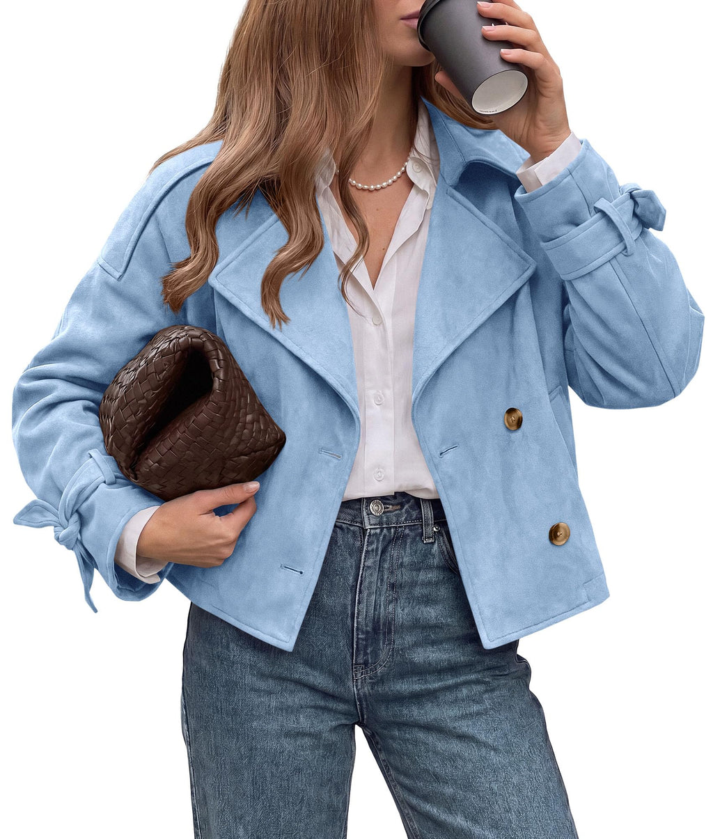 PRETTYGARDEN Women Faux Suede Double Breasted Trench Coat Cropped Jackets Raglan Long Sleeve,Lapel,Tie Cuff,Button Down,Fall Fashion Outerwear,Winter Clothes,Work Office Casual Short Jacket