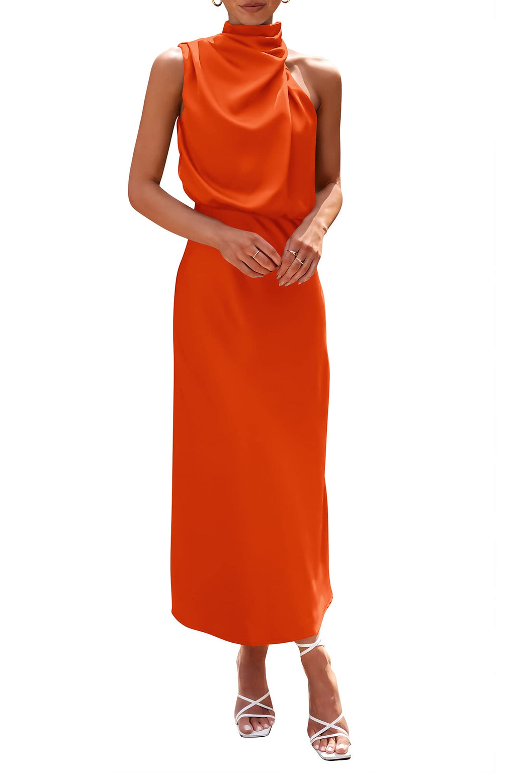 PRETTYGARDEN Women's Summer Satin Dress Elegant Sleeveless Mock Neck Cocktail Party Maxi Dresses