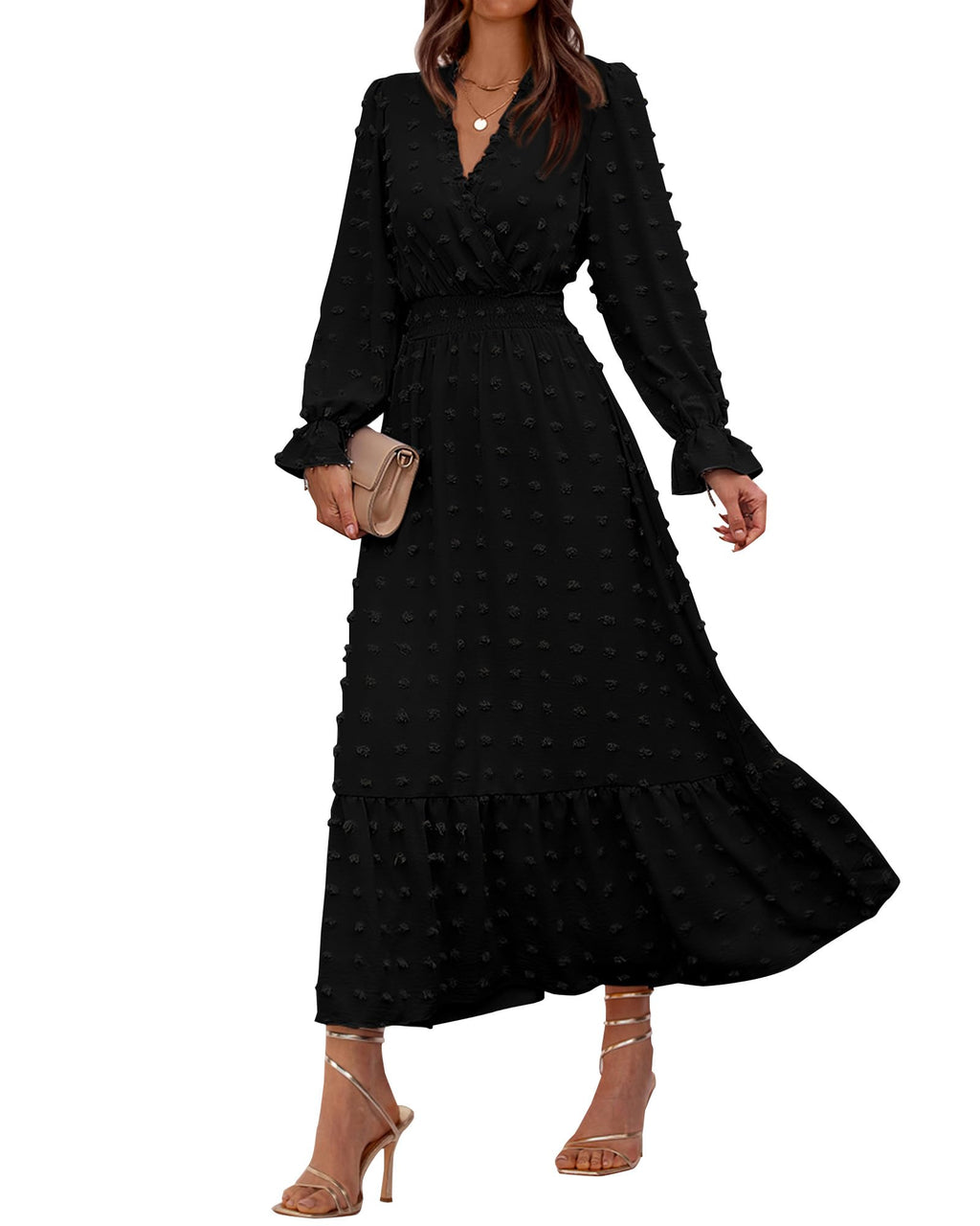 FreshPretty Women Fall Maxi Dresses Long Sleeve V Neck Swiss Dots High Waisted A-Line Ruffle Boho Long Dress Vacation