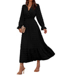 FreshPretty Women Fall Maxi Dresses Long Sleeve V Neck Swiss Dots High Waisted A-Line Ruffle Boho Long Dress Vacation