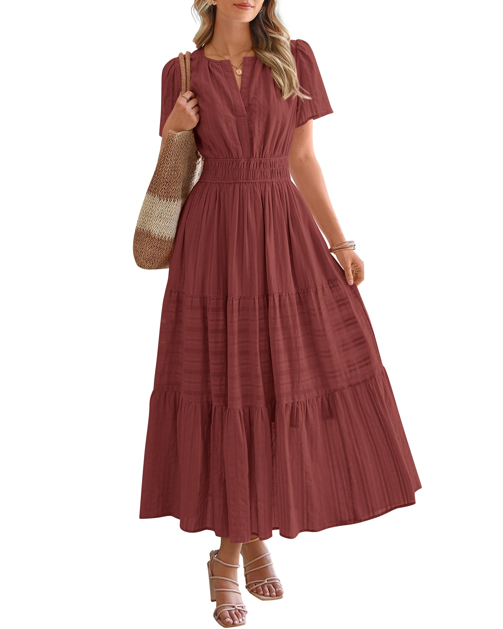 BTFBM Womens Summer Casual Midi Maxi Dresses Lightweight Short Sleeve V Neck Elastic Waist Boho Beach Dress Pockets