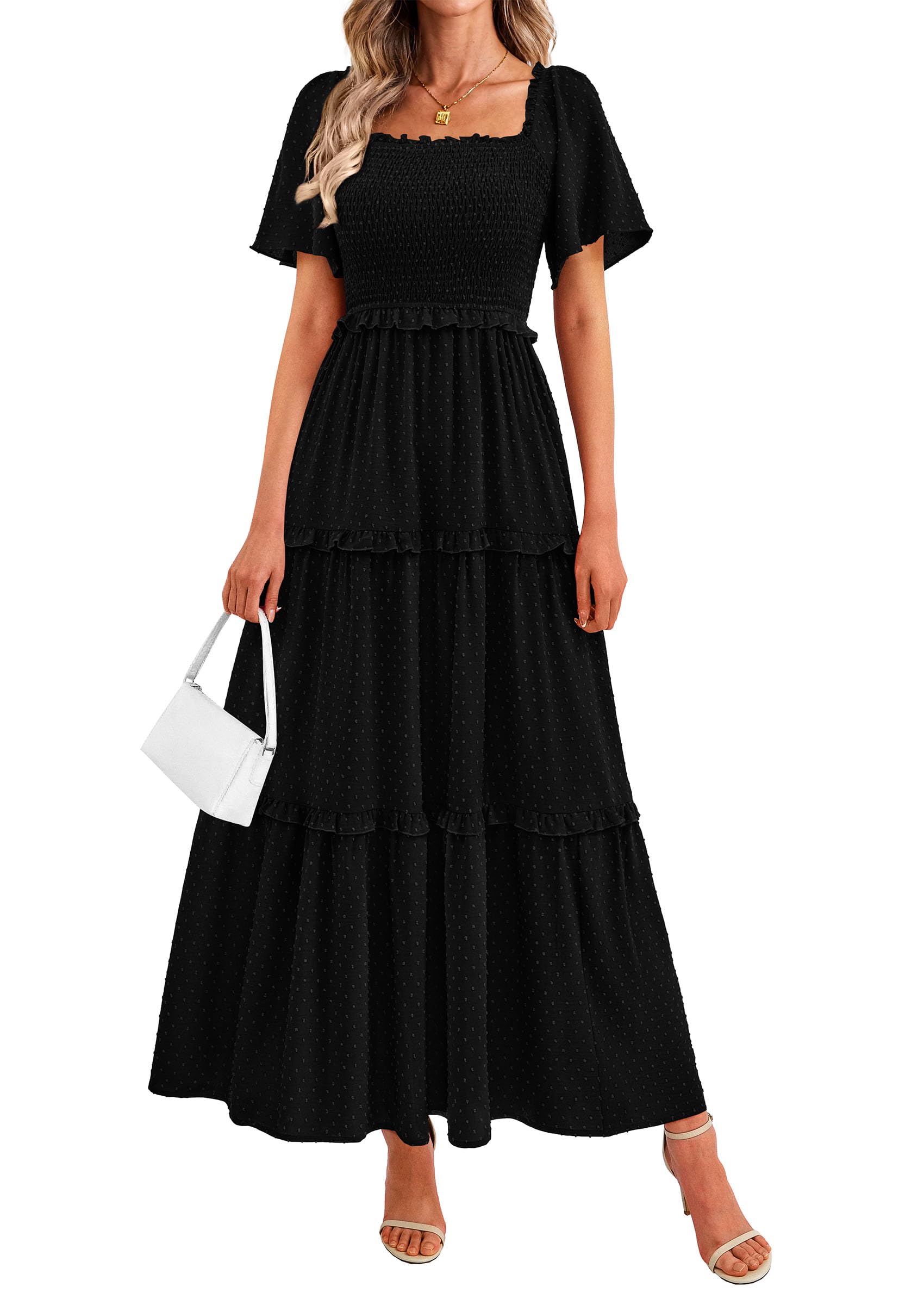 PRETTYGARDEN Summer Dresses for Women Boho Swiss Dot Smocked Square Neck Short Sleeve Spring Wedding Guest Maxi Dress