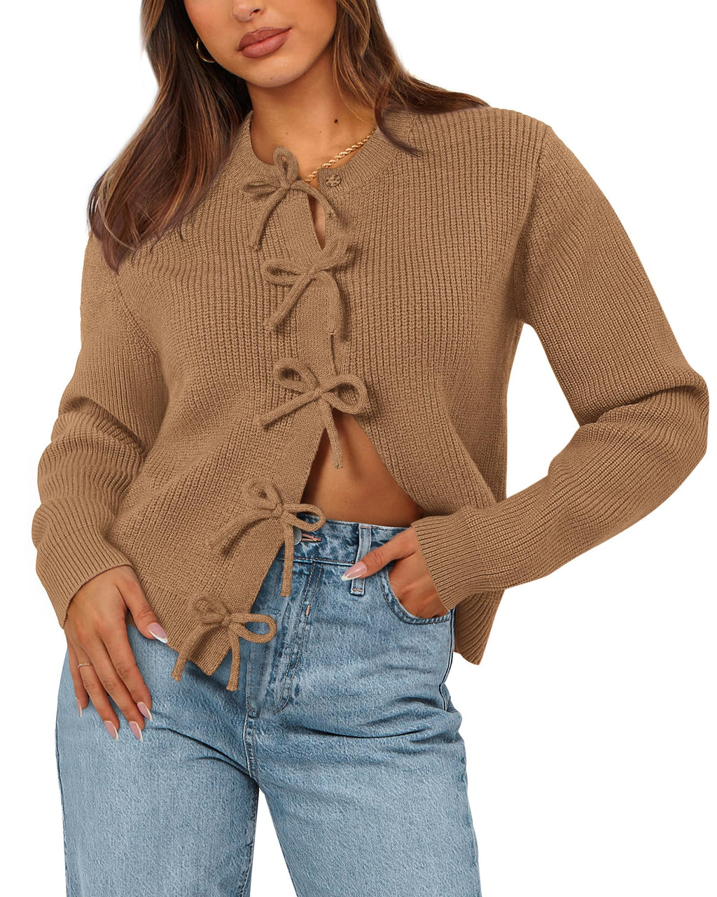 BTFBM Bow Cropped Cardigan Sweaters for Women Fall Winter Open Front Sweater Long Sleeve Button Fashion Spring Clothes