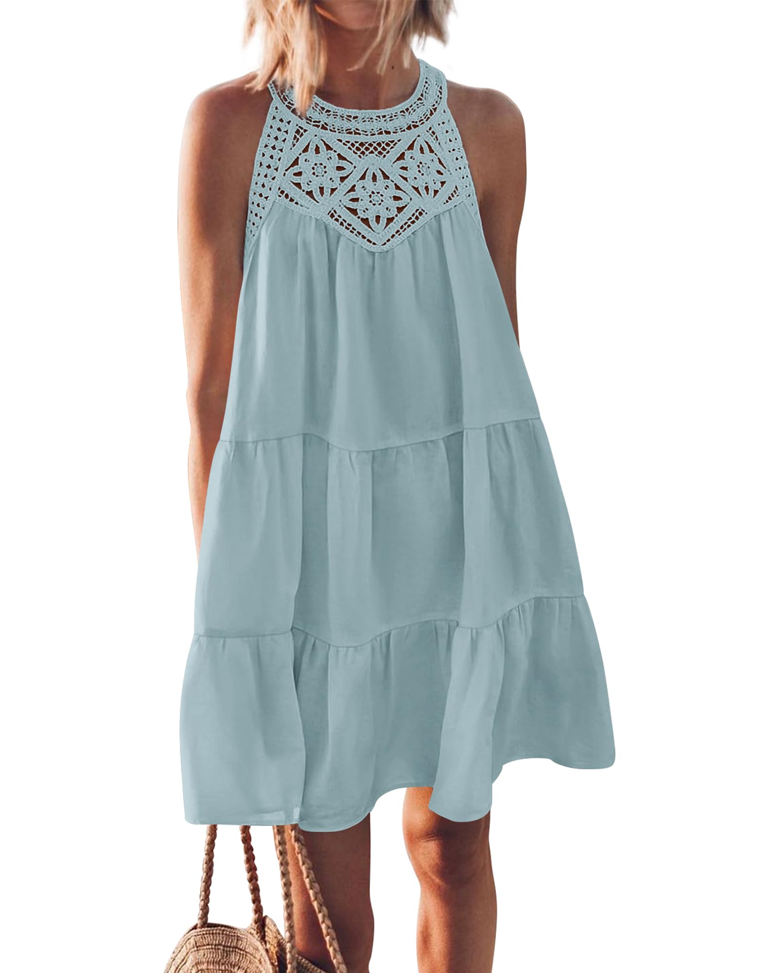 PRETTYGARDEN  Women Summer Dresses Casual Spring Clothes Sleeveless Halter Neck A-Line Tiered Mini Dress Beach Sundress