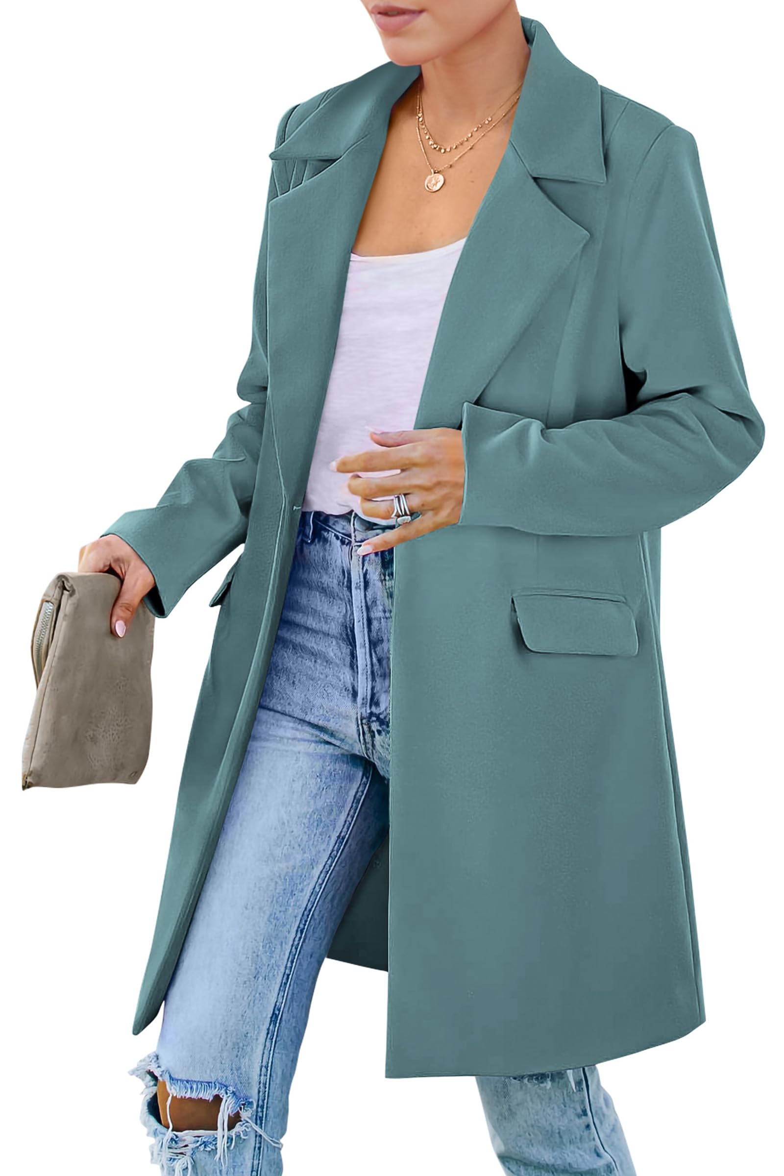 PRETTYGARDEN Women's Spring Fall Long Blazer Jackets Long Sleeve Lapel Pockets Loose Fit Work Casual Blazers Outerwear