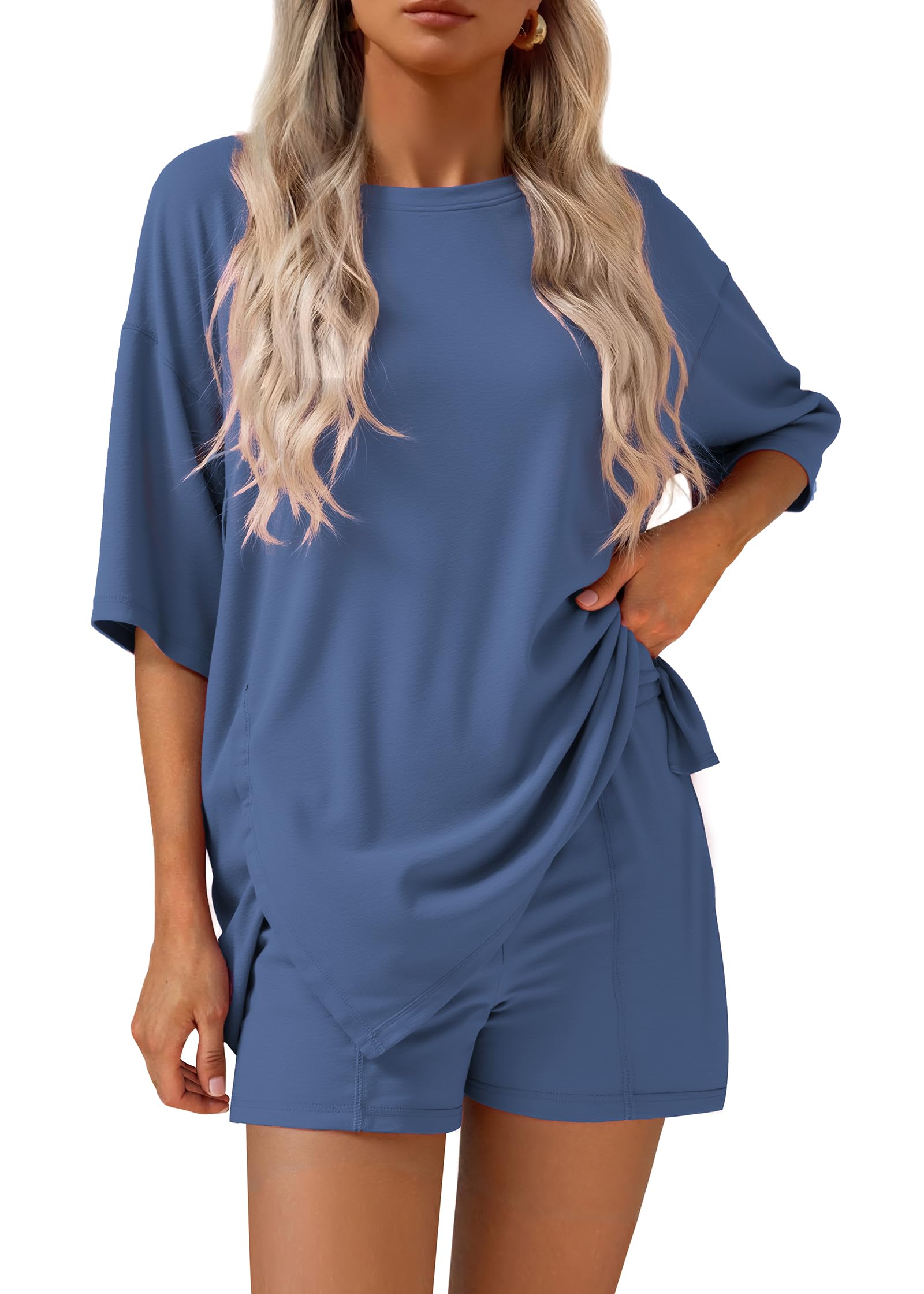 FreshPretty 2 Piece Sets for Women Summer Lounge Sets Casual Oversized Tshirts Shorts Matching Airport Travel Outfits Postpartum