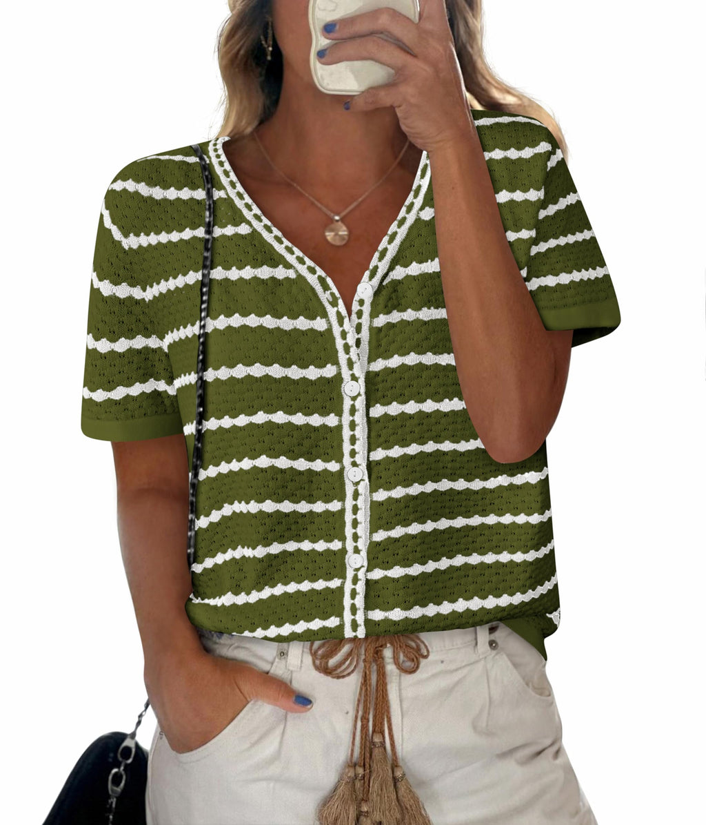 FreshPretty Women's Short Sleeve Sweater Spring Summer Crochet Knit Tops V Neck Striped Button Down Dressy Casual Blouses