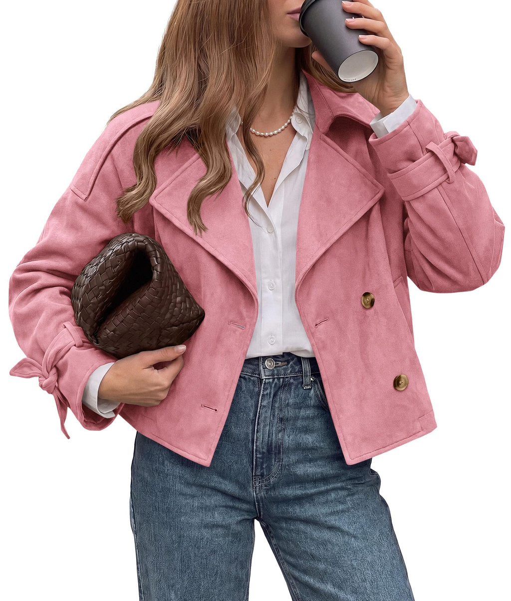 PRETTYGARDEN Women Faux Suede Double Breasted Trench Coat Cropped Jackets Raglan Long Sleeve,Lapel,Tie Cuff,Button Down,Fall Fashion Outerwear,Winter Clothes,Work Office Casual Short Jacket