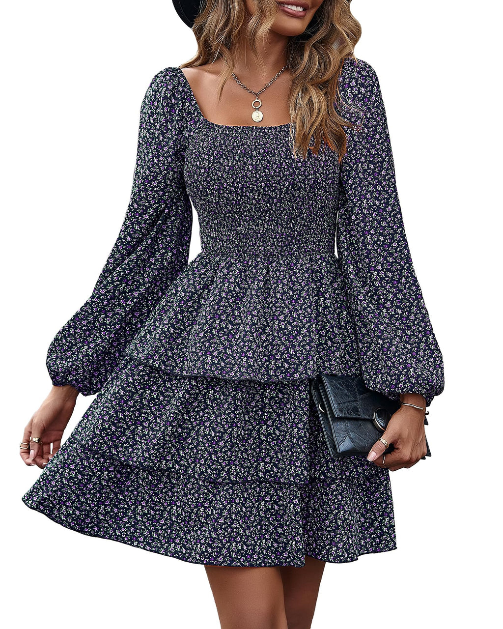 BTFBM Womens Long Sleeve Dress Summer Vacation Square Neck Smocked Floral Mini Boho Spring Wedding Guest Dresses