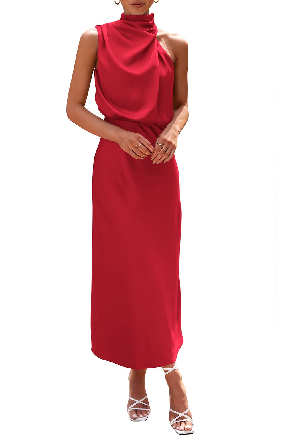 PRETTYGARDEN Women's Summer Satin Dress Elegant Sleeveless Mock Neck Cocktail Party Maxi Dresses