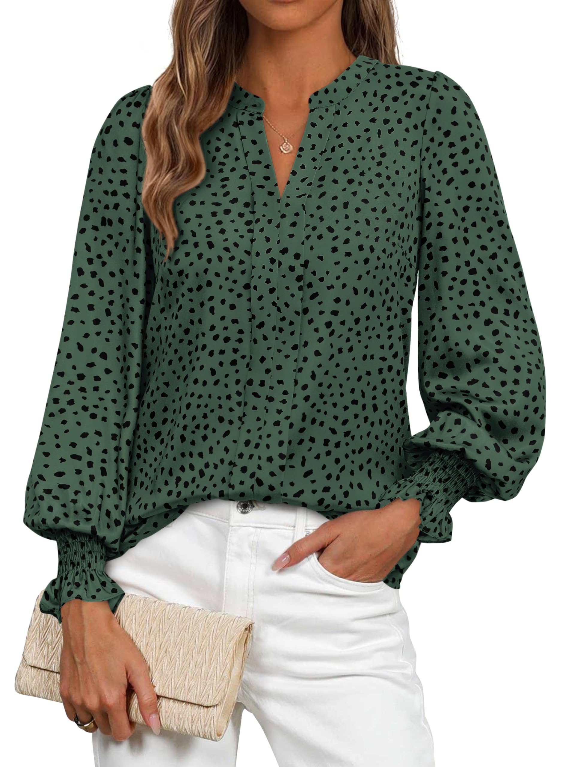 FreshPretty Womens Boho Floral Long Sleeve Tops Fall Fashion V Neck Loose Chiffon Work Blouses Dressy Casual Ruffle Shirts