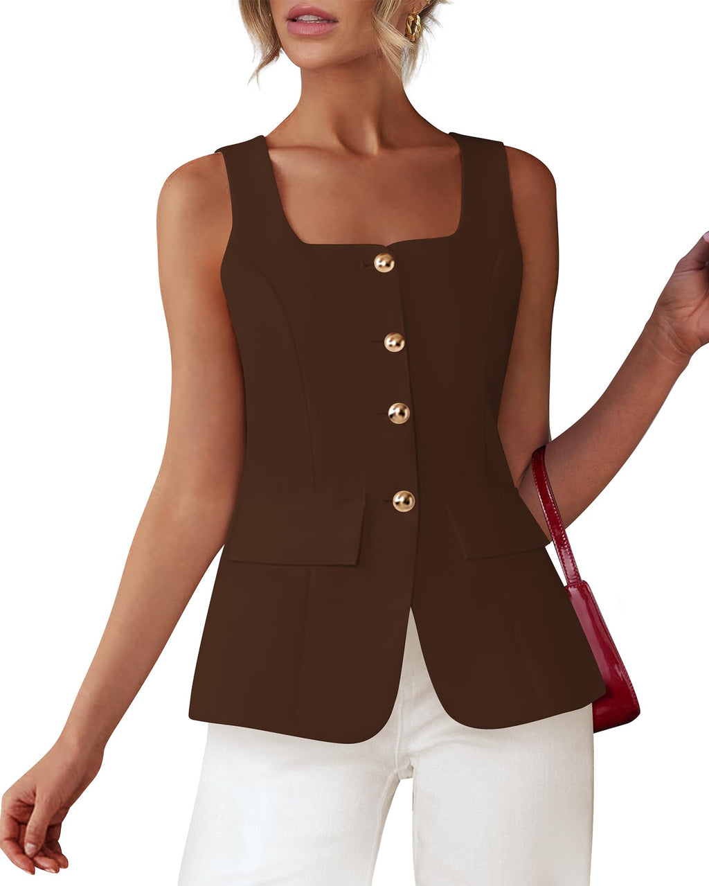 BTFBM Womens Sleeveless Suit Vests Dressy Casual Square Neck Business Work Waistcoat Spring Button Blazer Vest Tops