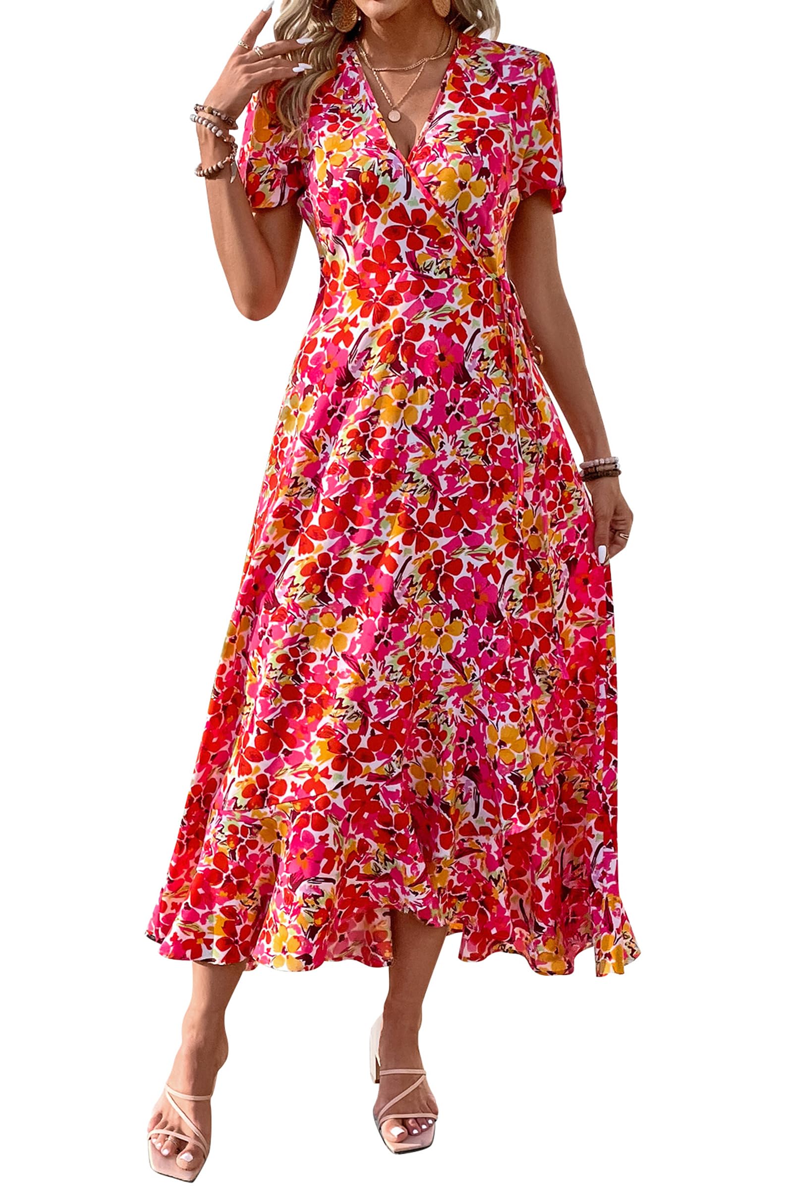 PRETTYGARDEN Women's Summer Maxi Dress Casual Wrap Floral Boho Short Sleeve V Neck Split Ruffle Beach Long Dresses