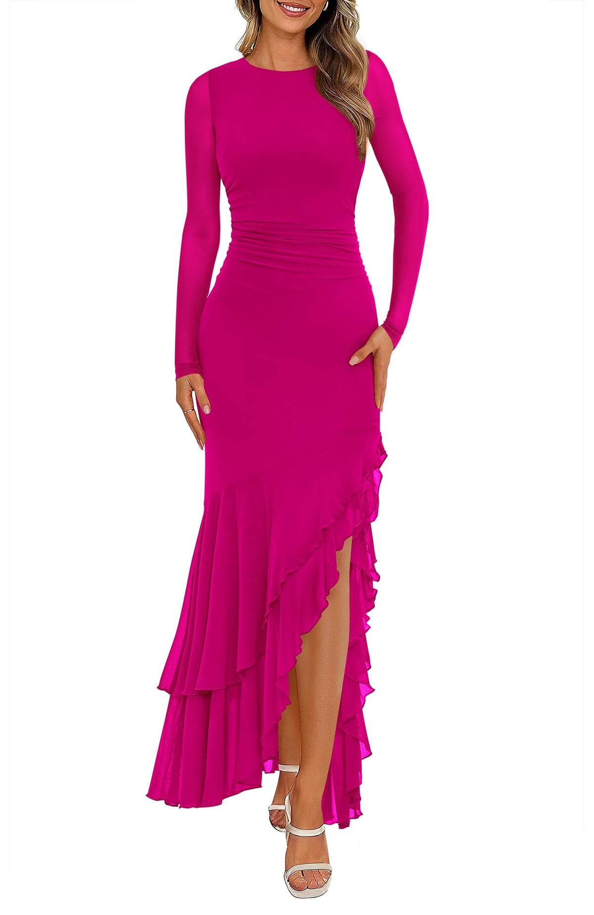 BTFBM Women's Maxi Dresses Fall Long Sleeve Wedding Guest Dress Mesh,Ruched,Bodycon,High Split,Solid Color,Ruffle, Mermaid,Cocktail Dresses,Prom,Party,Homecoming Dress,Fall Outfits