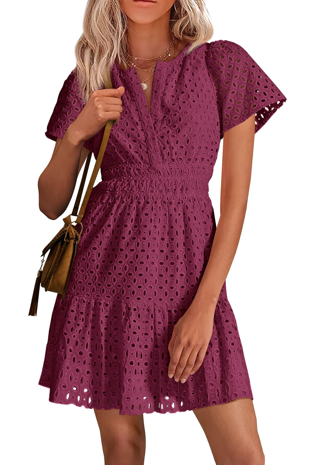PRETTYGARDEN Womens Summer Short Dress V Neck Short Sleeve A Line Hollow Out Lace Ruffle Cute Casual Beach Party Dresses