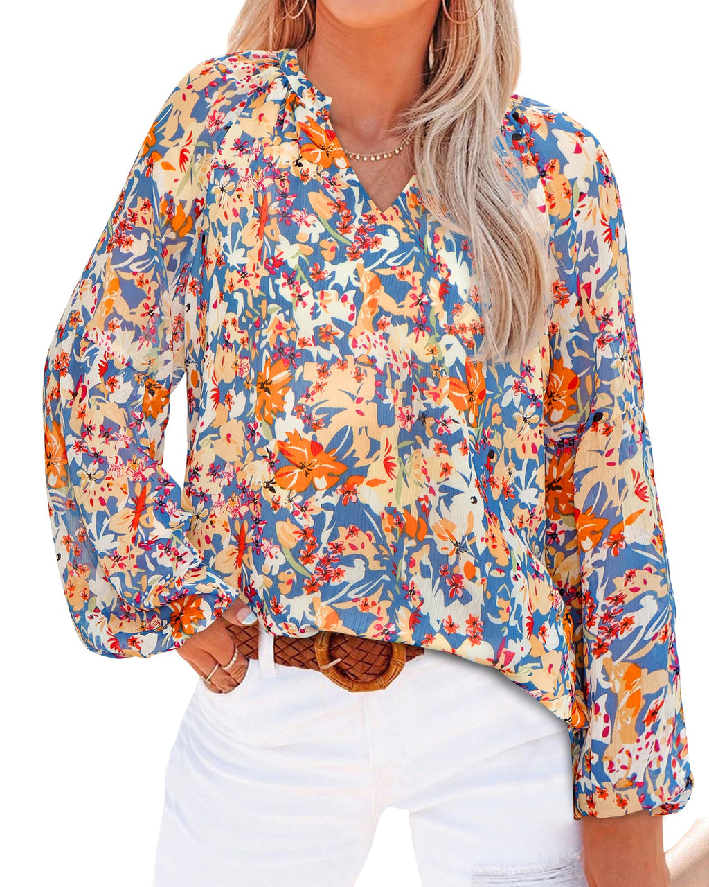 FreshPretty Blouses for Women Floral Boho Tops V Neck Lightweight Long Sleeve Shirts Fall Dressy Casual Vacation Outfits