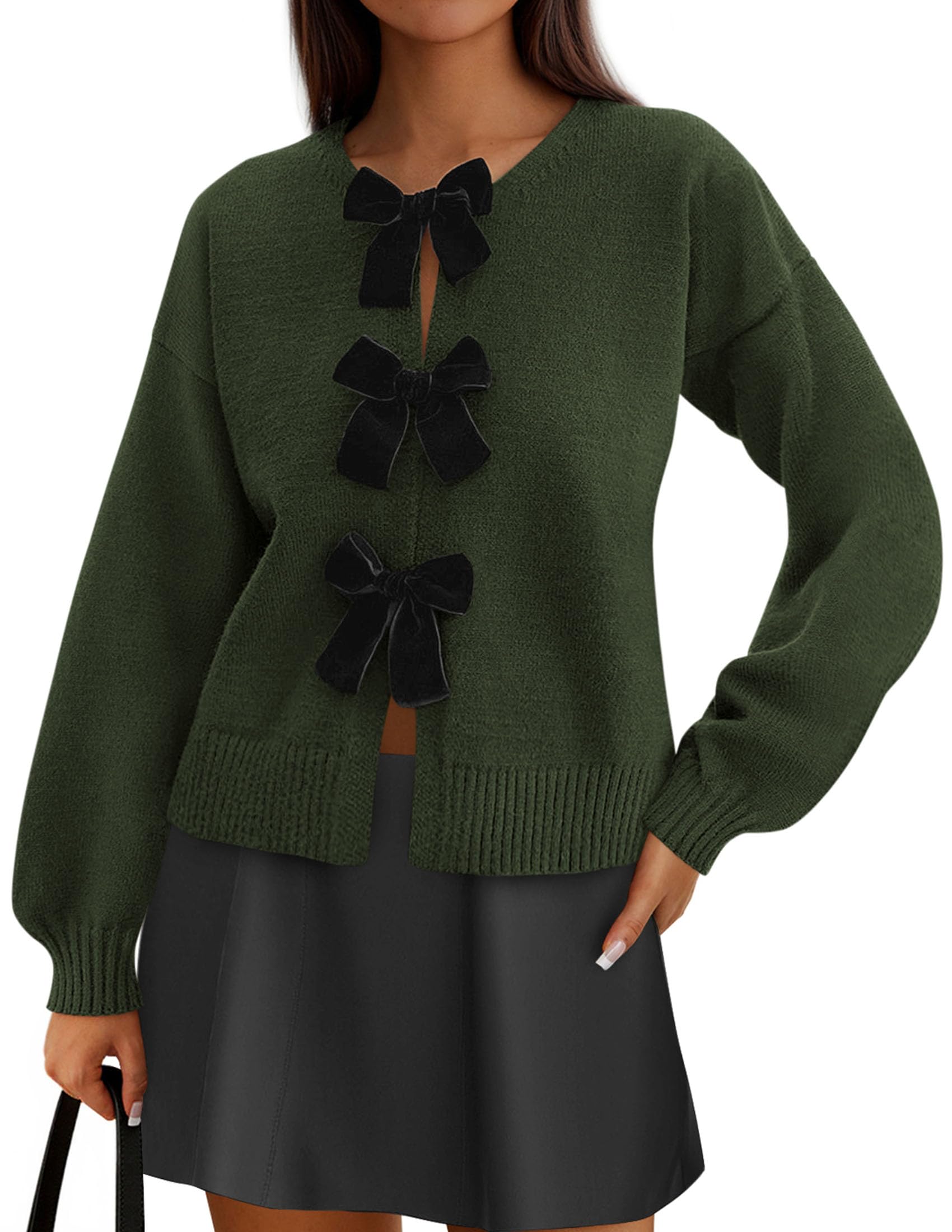 PRETTYGARDEN Cardigan Sweaters for Women Fall Fashion Bow Tie Front Long Sleeve Knit Sweater Tops Cute Winter Clothes