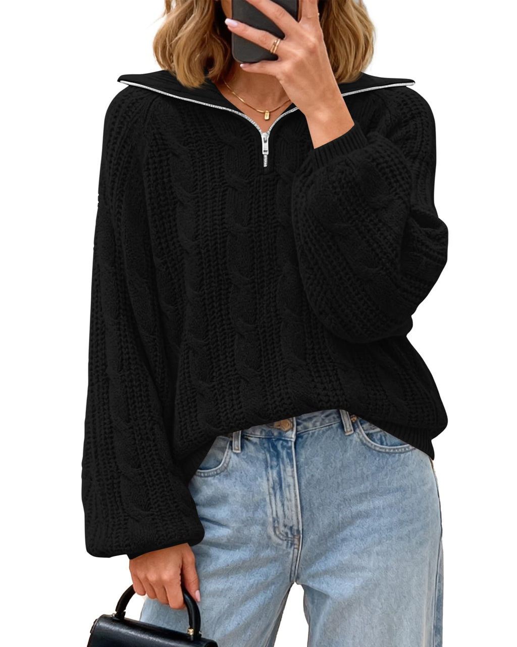 BTFBM Sweaters for Women Fall Fashion Loose Quarter Zip Pullover Collared Long Sleeve Cable Knit Winter Clothes