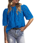 PRETTYGARDEN Womens Summer Tops Trendy Short Sleeve Eyelet Embroidered Dressy Casual Blouse Shirts