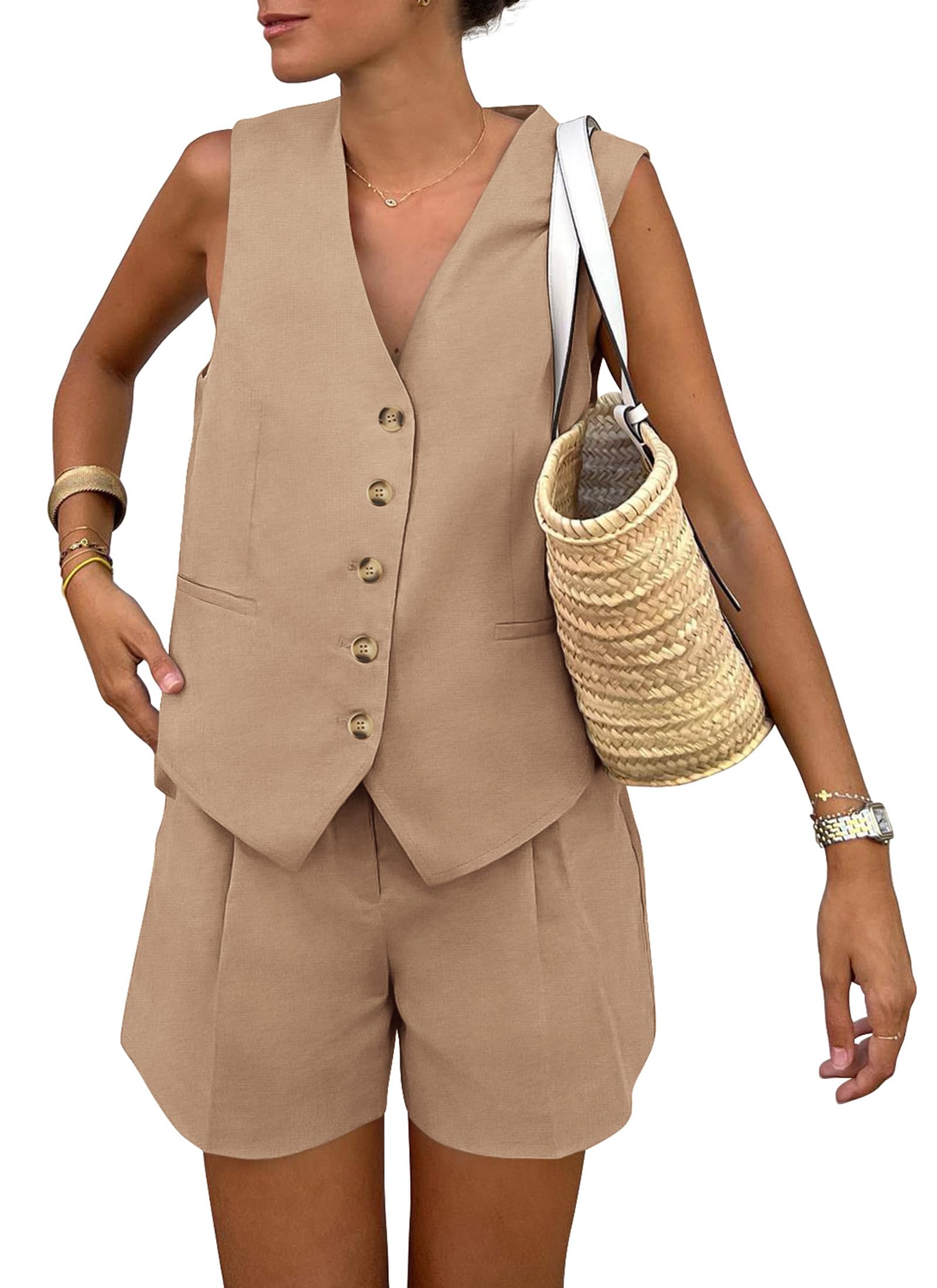 PRETTYGARDEN Women's Summer 2 Piece Outfits Sleeveless Matching Sets Button Down V Neck Vest Waistcoat and Pockets Shorts