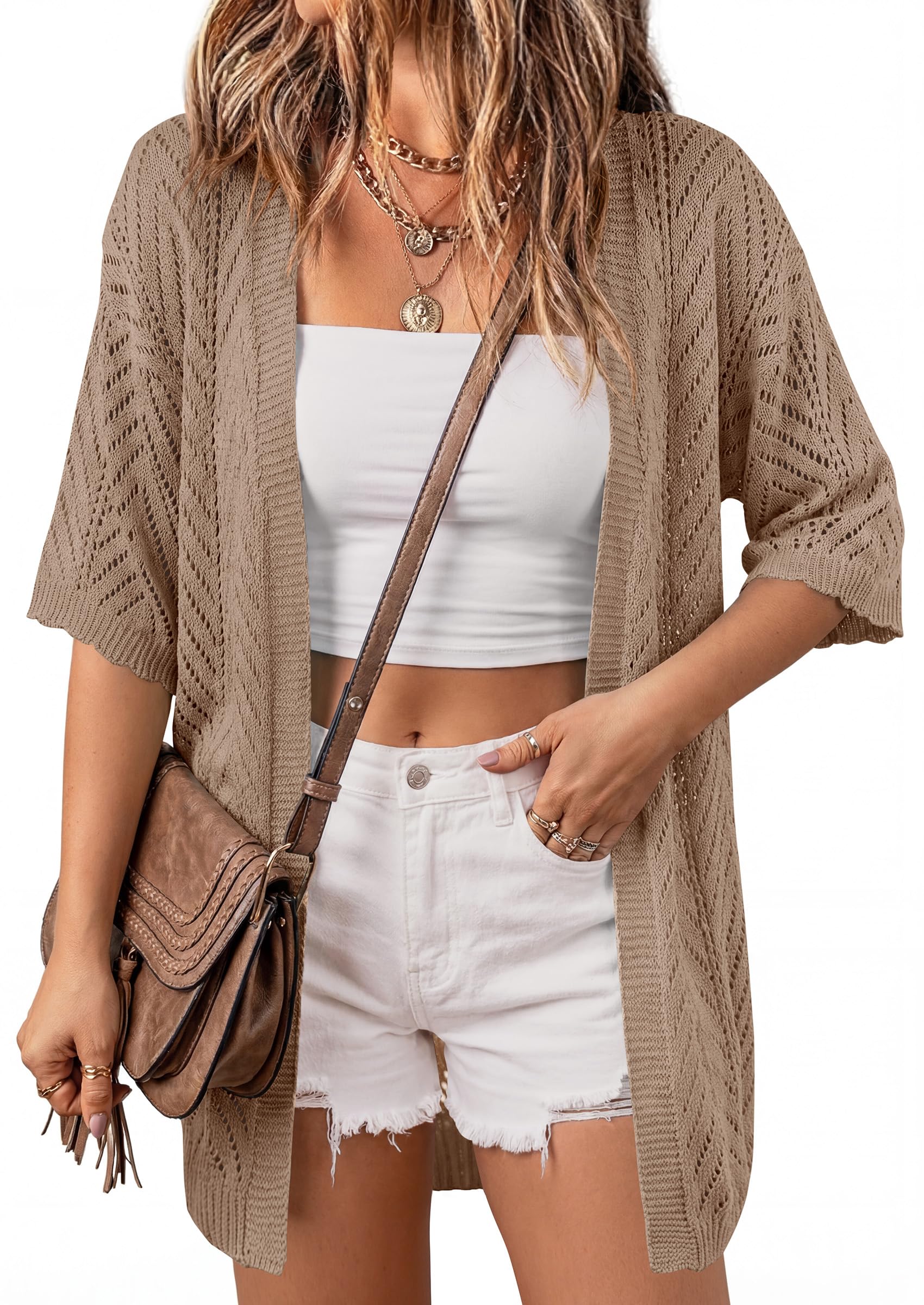 PRETTYGARDEN Women's Lightweight Summer Cardigans Short Sleeve Knit Crochet Coverups Spring Boho Beach Vacation Clothes