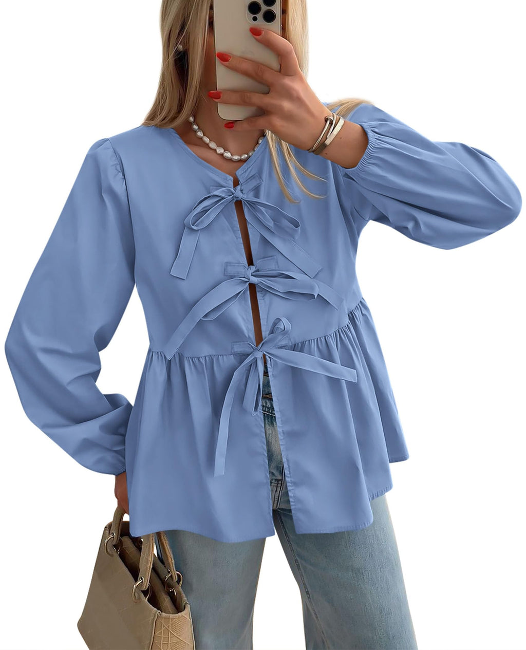 PRETTYGARDEN Women's Spring Fall Babydoll Peplum Blouse Shirt Puff Long Sleeve Bow Tie Front Trendy Cute Y2K Going Out Tops