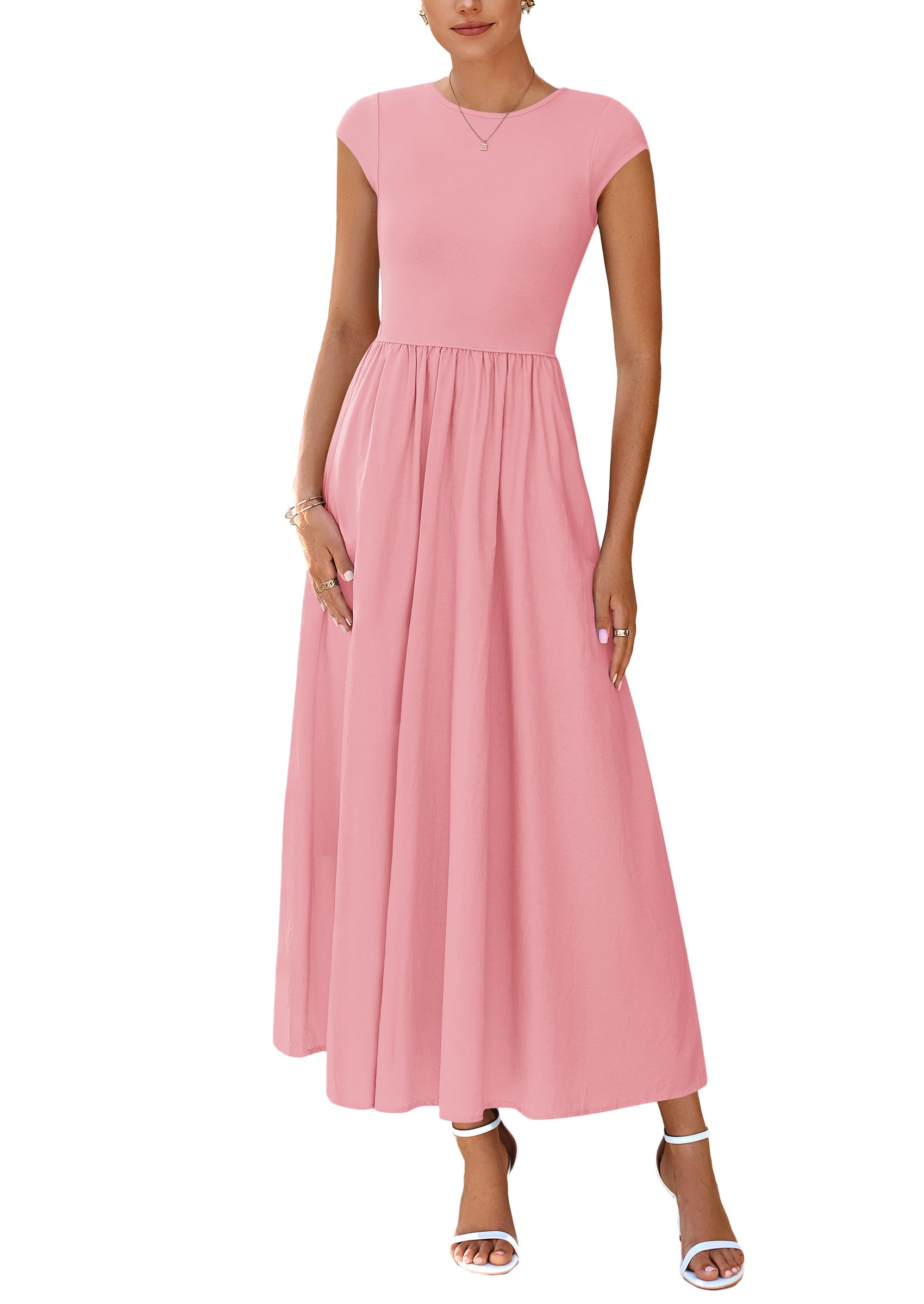 PRETTYGARDEN Women's Summer Casual Long Dresses Cap Sleeve Patchwork A Line Flowy Modest Elegant Homecoming Maxi Dress