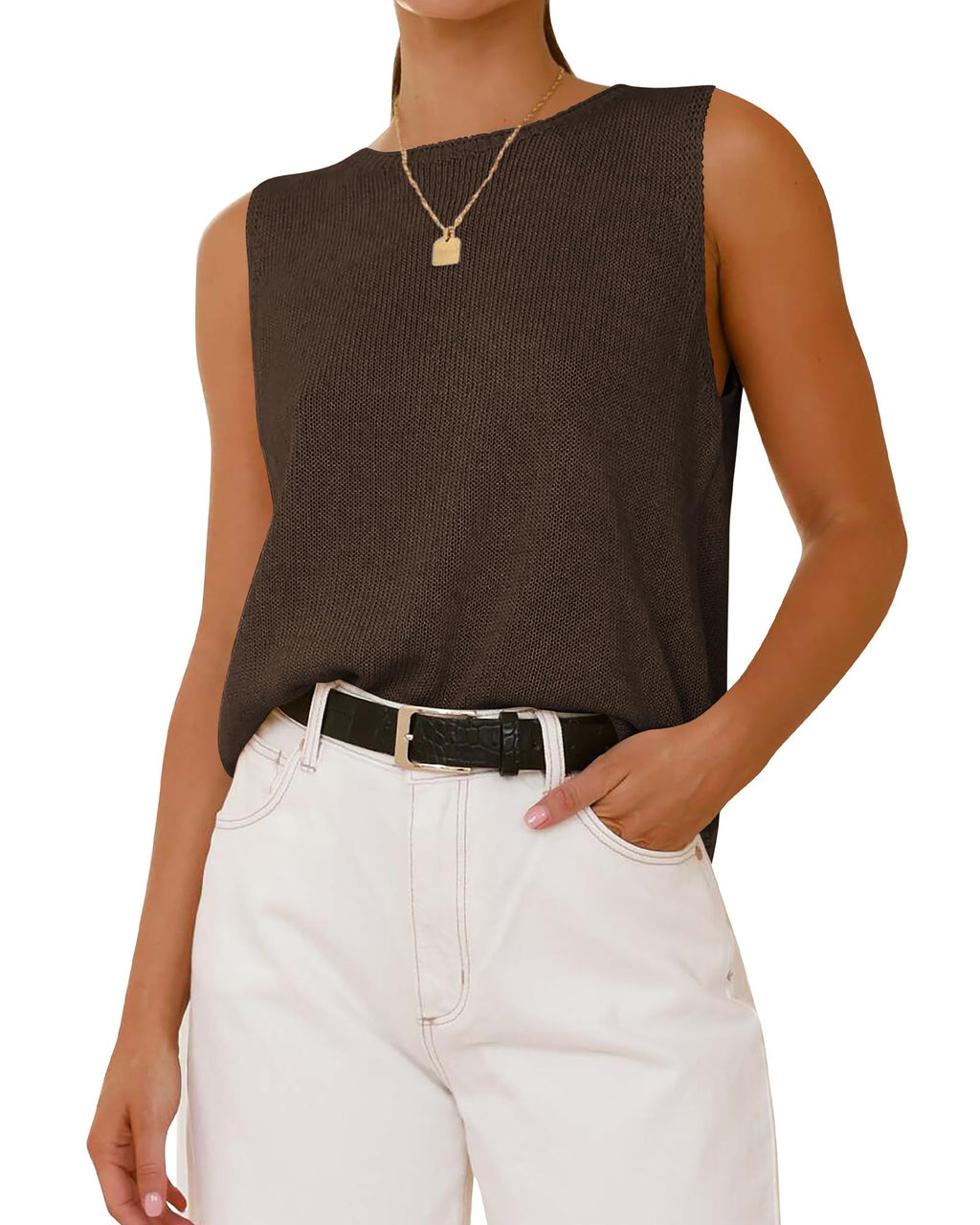 FreshPretty Women's Sleeveless Sweater Vest Summer Crew Neck Ribbed Knit Lightweight Pullover Casual Loose Fit Tank Tops