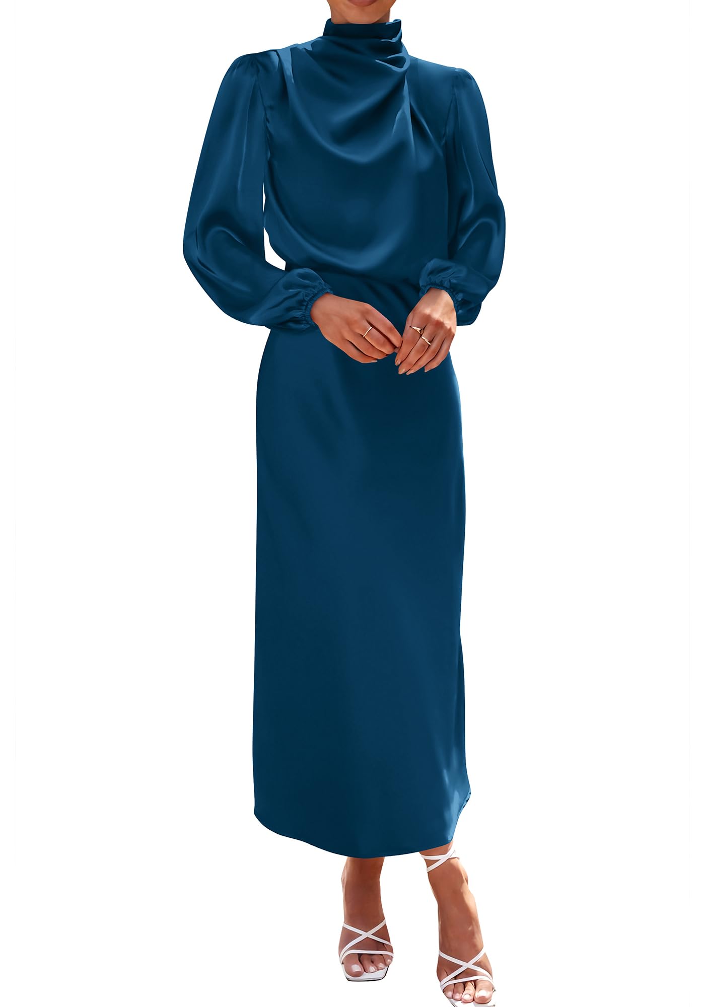 BTFBM Womens Mock Neck Satin Dress Spring Summer Long Sleeve Lightweight Formal Wedding Party Maxi Cocktail Dresses