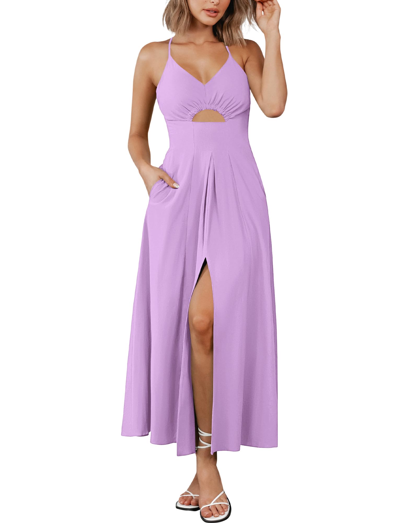BTFBM Women Spaghetti Strap Midi Summer Dresses Sleeveless V Neck Cutout Slit Casual Beach Party Maxi Dress Pockets