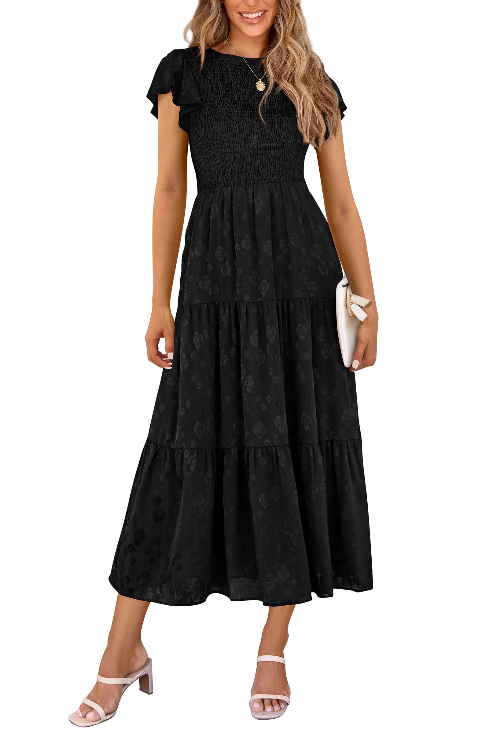 PRETTYGARDEN Wedding Guest Dresses for Women Summer Floral Cap Sleeve Smocked A Line Long Elegant Party Boho Dress