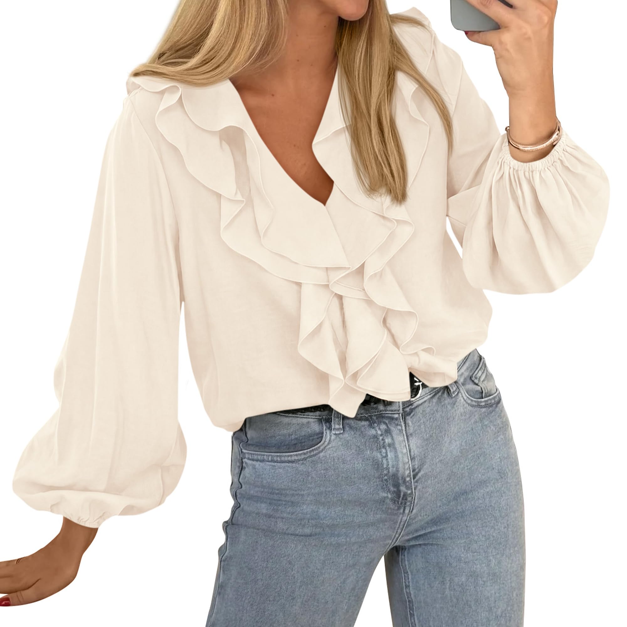 BTFBM Womens Fall Tops Ruffle Blouses Dressy Casual | Double Ruffled Collar V Neck Long Sleeve Shirts, Lightweight Fashion Clothing Trendy, Daily Business Office Work Clothes