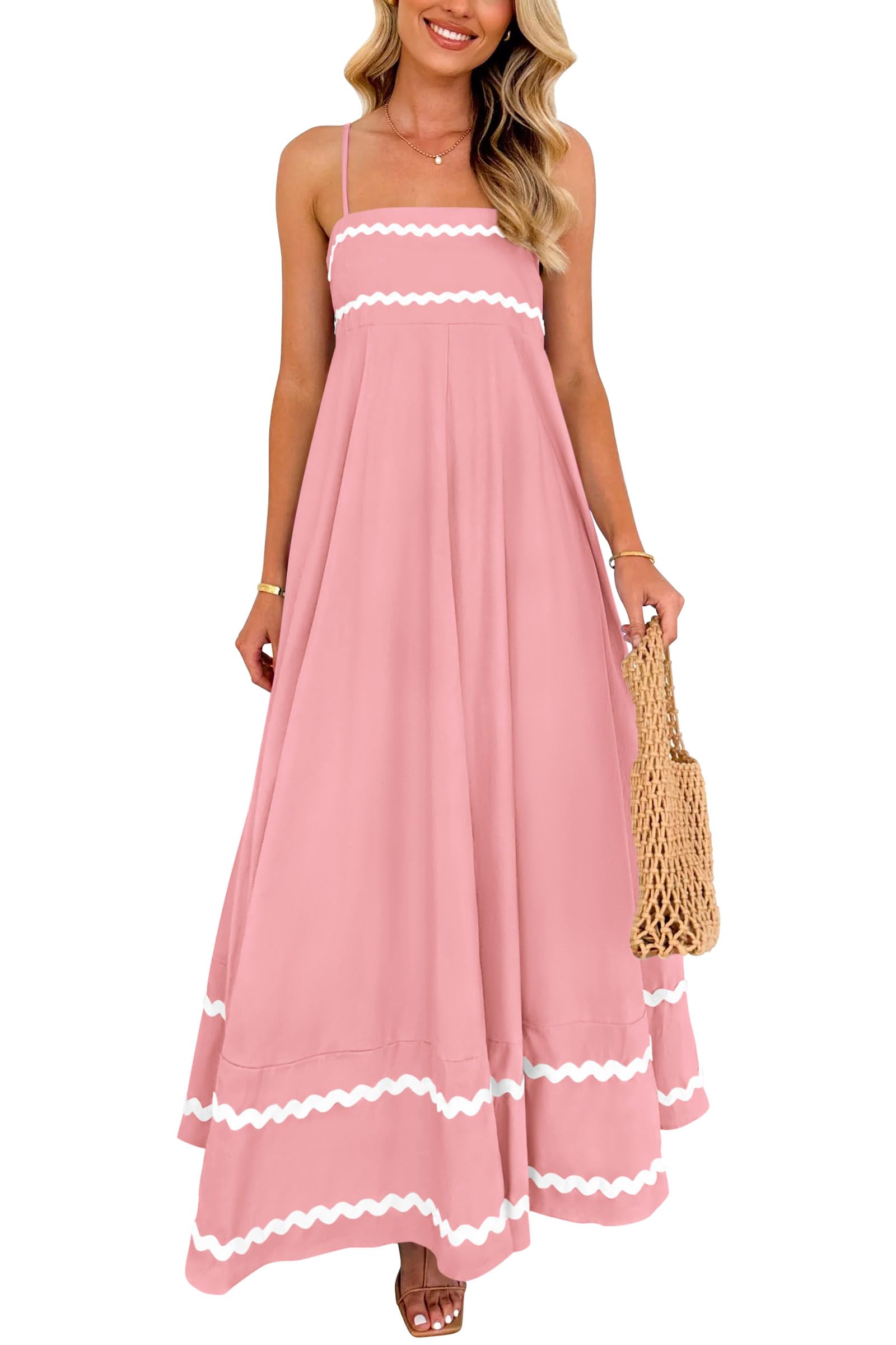 PRETTYGARDEN Women's Summer Flowy Maxi Dress Casual Sleeveless Spaghetti Strap Ruffle Beach Long Dresses