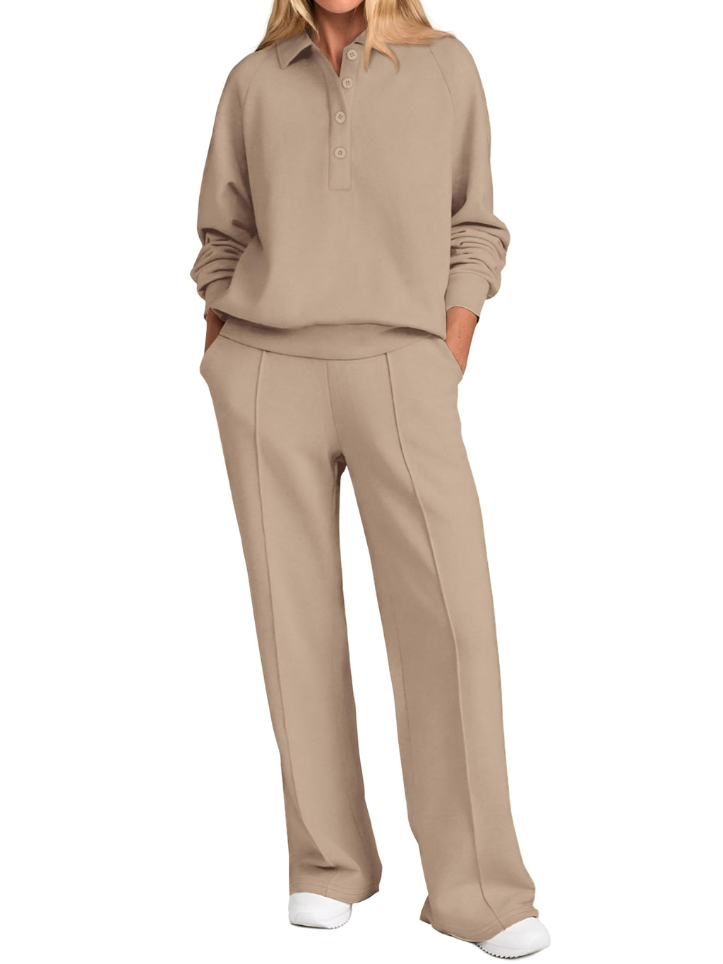 PRETTYGARDEN Women Fall 2 Piece Outfits Sweatsuits Lounge Sets Quarter Button Long Sleeve Sweatshirt, Wide Leg Sweat Pants, Casual 2 Piece Sets Tracksuit, Airport Travel Outfits for Women