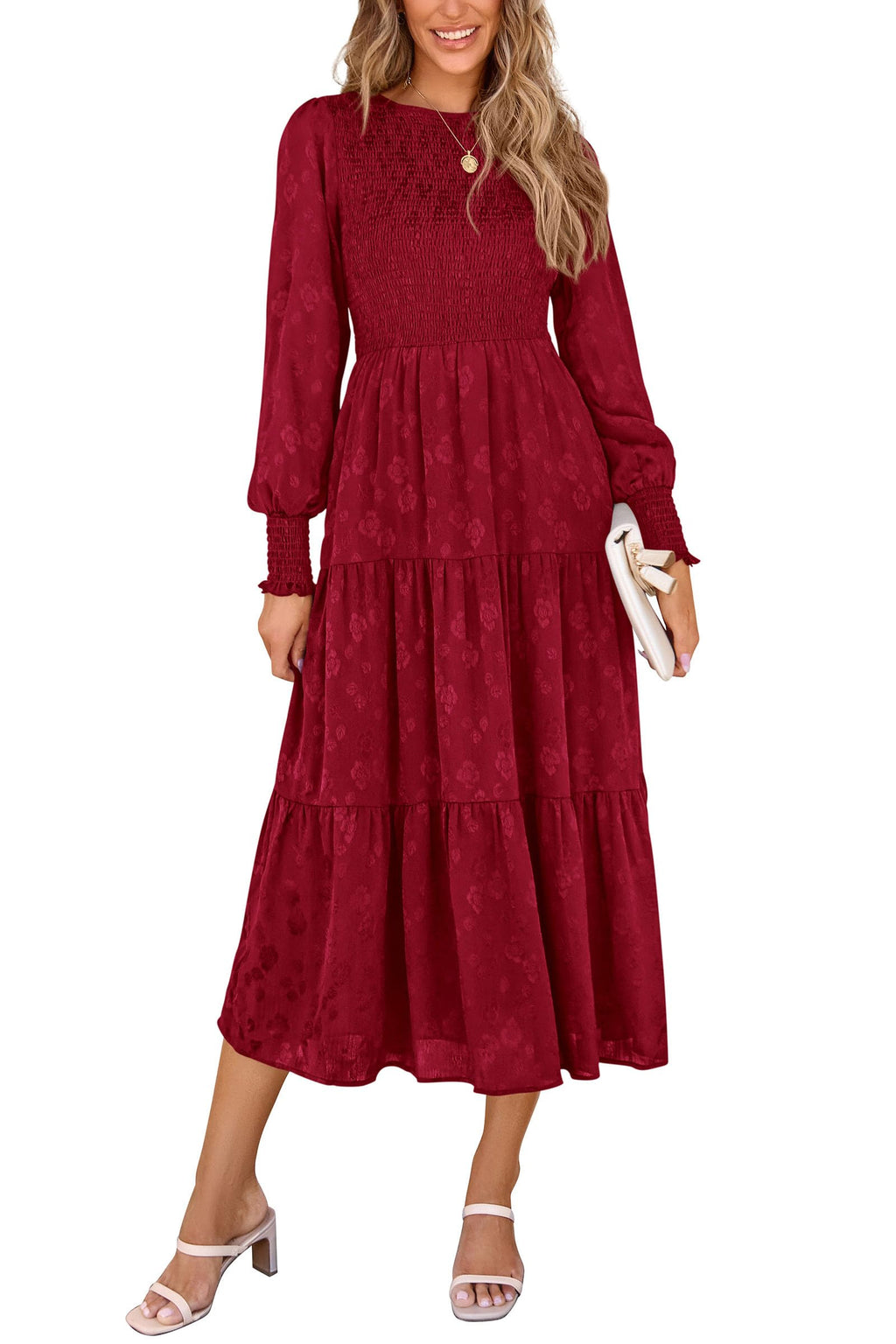 PRETTYGARDEN Women's Fall Spring Midi Dress Long Sleeve Floral Smocked Elegant Wedding Guest Long Flowy Dresses with Pockets